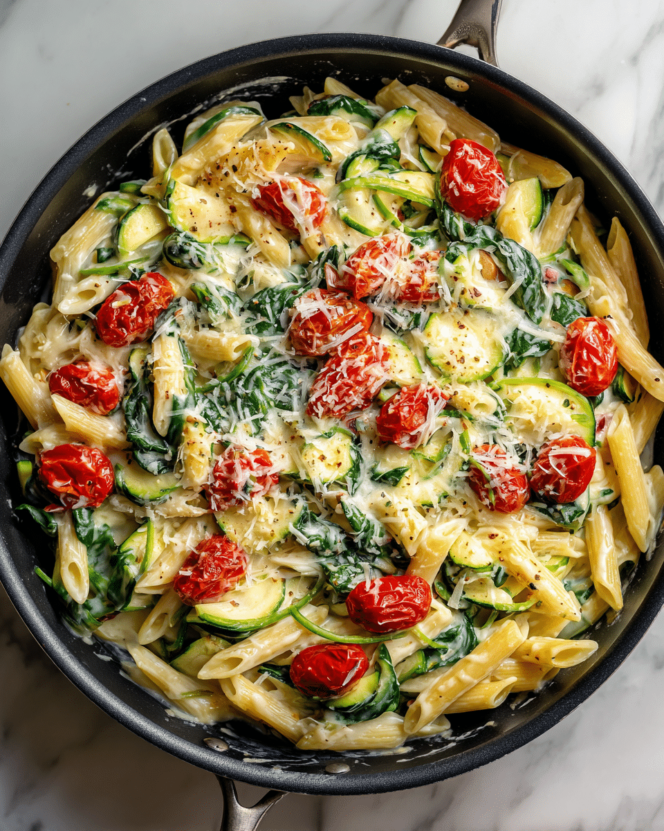 A white plate with detailed edges holds a fresh pasta dish made up of short pasta tubes covered in a light green sauce. The pasta is layered with bright green asparagus pieces and small green peas, giving a fresh, vibrant look. The dish has small dollops of white creamy cheese scattered on top, some sprinkled lightly with red spice. Dark purple leaves add contrast and texture, while grated white cheese is spread across the whole dish. A silver spoon rests on the right edge of the plate. The background is a white marbled texture with a green and yellow striped cloth partially visible on the right side. Photo taken with an iphone --ar 4:5 --v 7
