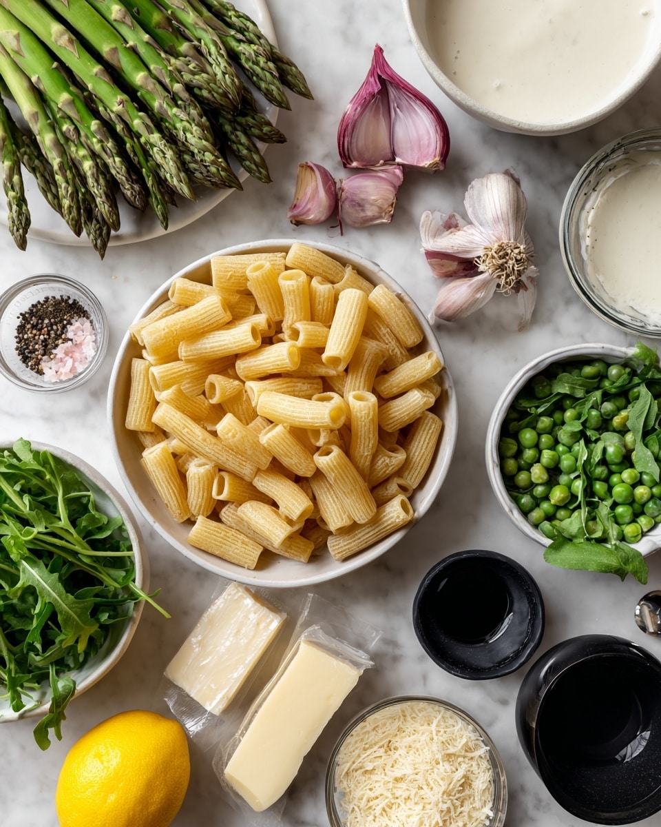 The image shows many ingredients arranged neatly on a white marbled surface. In the center, there is a white bowl full of uncooked tubular pasta with ridges, light orange in color. To the left, green asparagus stalks lay side by side, with their tips pointing up. Above that, a white bowl holds fresh green arugula leaves. To the right of the asparagus, four peeled garlic cloves are placed near a whole purple shallot. Above those, there is a small round dish with light pink salt, black pepper, and fresh green herbs. At the top right corner, a black measuring cup is filled with a white creamy liquid, and below it, a white bowl contains frozen green peas. A stick of unsalted butter in a white wrapper rests beside the peas. Near the bottom right corner, two black measuring cups show white grated cheese and light breadcrumbs. At the bottom left, a bright yellow whole lemon sits close to the pasta bowl. Photo taken with an iphone --ar 4:5 --v 7