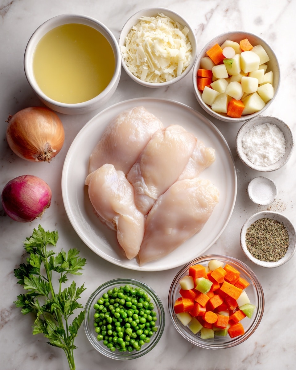 The image shows a white round plate in the center with three raw chicken breasts placed side by side. Around the plate, there are small clear bowls containing diced potatoes with red skin, sliced orange carrots, chopped celery, chopped white onion, and green peas. A small bowl holds a light yellow broth, while another contains thick white cream. There are smaller white bowls with grated parmesan cheese, a white powder of cornstarch, minced garlic, a bowl with mixed Italian seasoning, and a small dish holding salt and black pepper. A few sprigs of fresh parsley lie near the chicken on the white marbled surface. The overall setup is clean and organized with bright natural lighting. Photo taken with an iphone --ar 4:5 --v 7