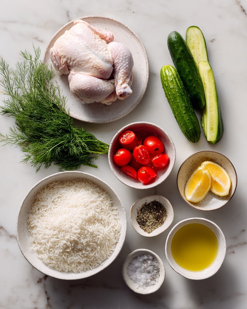 A collection of ingredients is shown on a white marbled surface, each in white bowls or small containers. Starting from the top left, there is shredded cooked chicken in a white bowl, next to a clear measuring cup filled with milk, and a small square container holding white starch. Below the chicken is a white bowl filled with crumbly cauliflower rice beside a smaller white bowl of chopped green bell pepper. A spoon with cream cheese rests near a bunch of fresh green parsley leaves. To the right is a white bowl with small broccoli florets and another white bowl filled with shredded cheddar and mozzarella cheese. Near the bottom left, a small white bowl contains black dried oregano, a tiny square bowl holds salt and pepper, and a white plate displays different brown and red spices arranged in separate piles. The whole setup is neat and organized on the white marbled surface photo taken with an iphone --ar 4:5 --v 7