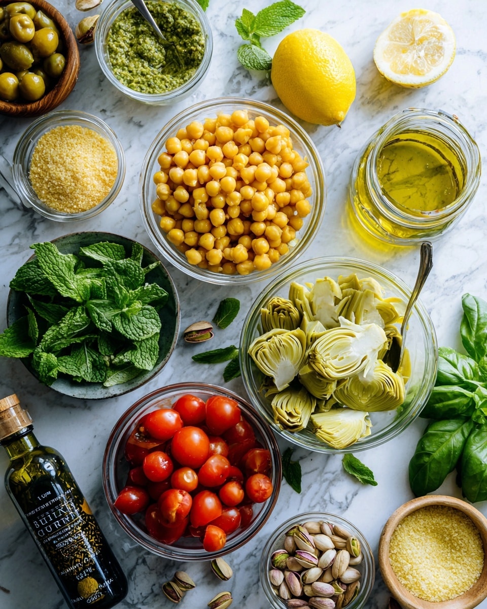 The image shows several clear glass bowls and small containers on a white marbled surface, each holding different fresh ingredients. One bowl contains bright yellow chickpeas with a firm texture, another has creamy light green avocado pieces. There is a bowl of vibrant red grape tomatoes with a smooth skin, and a small glass jar with pale yellow grain mustard. A larger bowl is full of light green and yellow marinated artichoke hearts, next to fresh green mint and basil leaves arranged loosely. A small bowl holds light brown pistachios with shells. A whole lemon with bright yellow skin is visible on the side. A bottle of avocado oil with a dark green label sits near the ingredients. The overall scene looks fresh and colorful with detailed textures. photo taken with an iphone --ar 4:5 --v 7