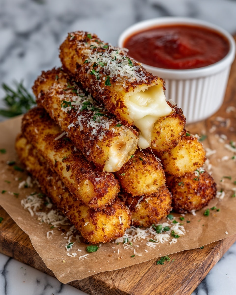 The image shows a stack of five golden, crispy cheese sticks placed on a piece of brown parchment paper on a wooden board. Each stick has a crunchy, browned outer layer with melted cheese visible inside and is sprinkled with finely chopped green herbs and some grated cheese on top. Behind the sticks, there is a white bowl filled with red dipping sauce. The whole scene is set on a white marbled surface. photo taken with an iphone --ar 4:5 --v 7
