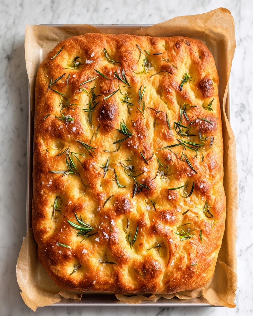 The image shows a close-up of a golden brown focaccia bread with a bubbly texture on top. The bread surface has uneven raised sections with a shiny, slightly crisp crust. Scattered across are green rosemary sprigs and coarse salt grains. The bread is placed on light brown parchment paper inside a baking tray, with the setting on a white marbled surface. Photo taken with an iphone --ar 4:5 --v 7