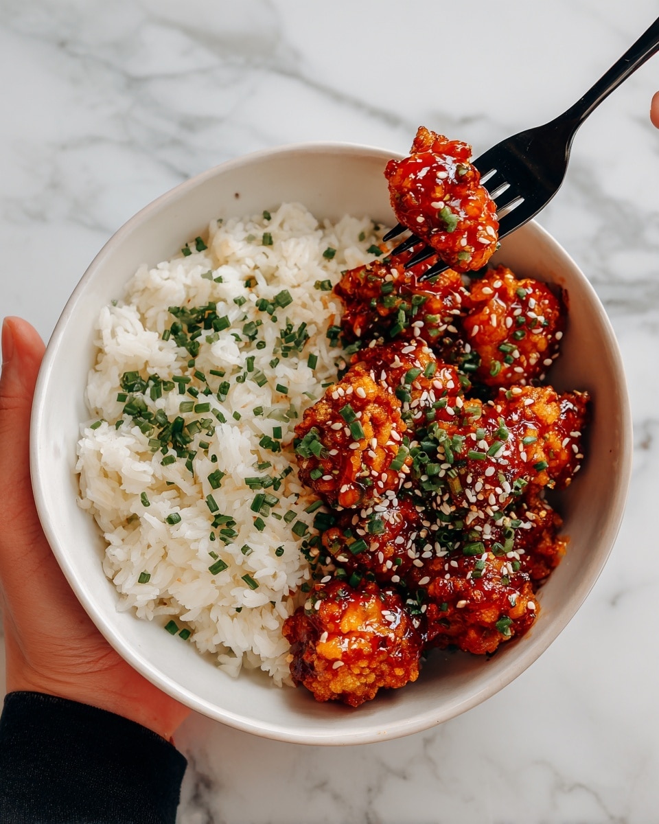 The image shows a white bowl with white rice on one half, sprinkled lightly with green chives. On the other half, there are several pieces of crispy golden brown fried chicken coated in a sticky reddish sauce and topped with white sesame seeds and chopped green onions. The bowl is placed on a white marbled surface. A woman's hand is holding a black fork lifting a piece of the chicken. Photo taken with an iphone --ar 4:5 --v 7