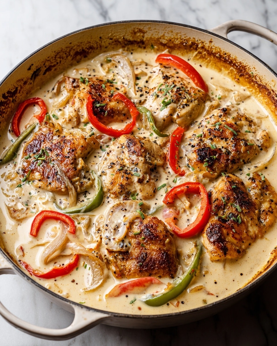 This image shows a white pan filled with five browned chicken thighs in a creamy sauce. The sauce is light beige with a smooth texture and small green chopped herbs sprinkled on top. Thin slices of light green-yellow jalapeño are placed evenly over the chicken and sauce. The chicken pieces are arranged close together with the sauce pooling around them. The background has a white marbled texture. Photo taken with an iphone --ar 4:5 --v 7