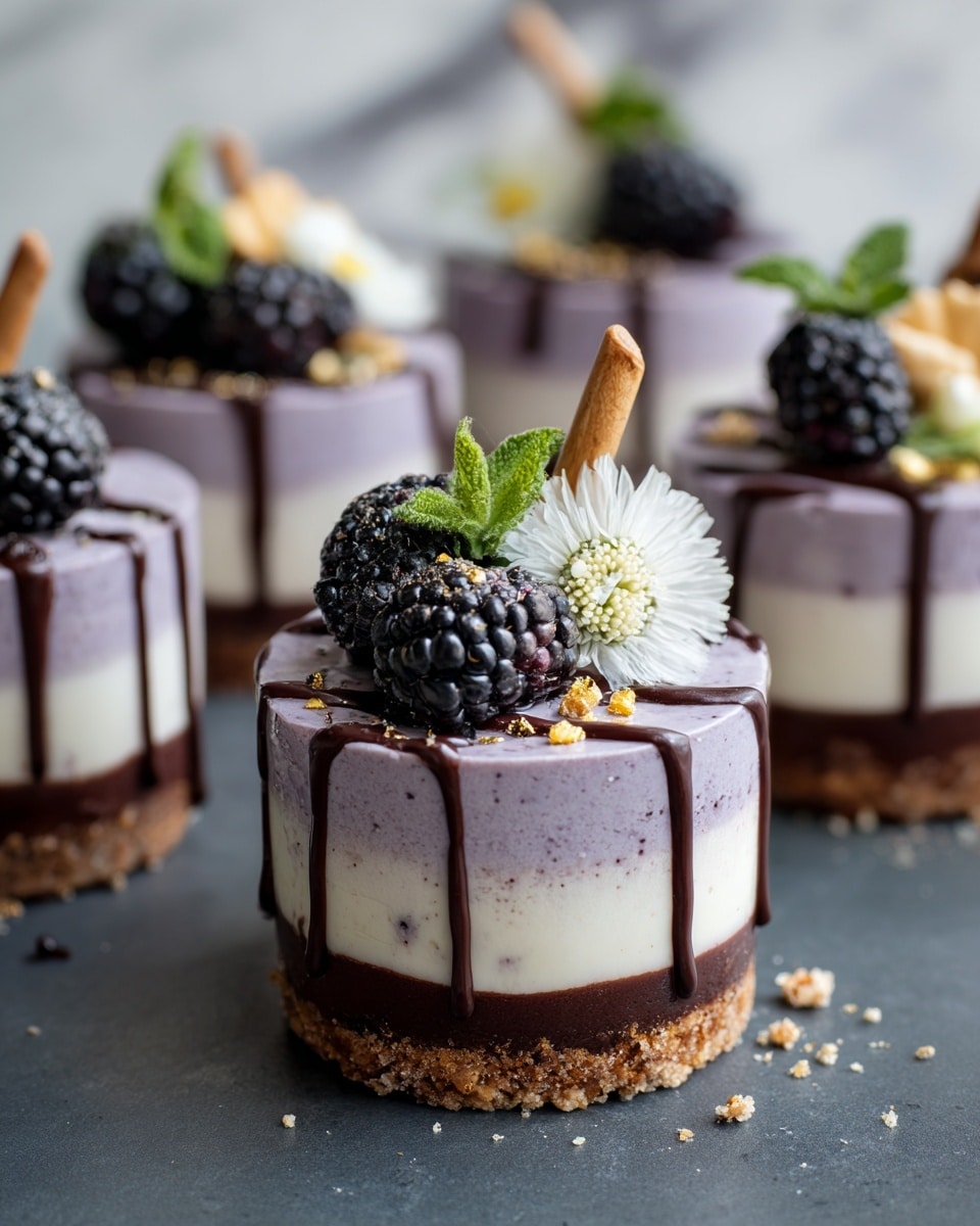 Six round desserts sit on a dark surface with a scattered light brown crumb base. Each dessert has three clear layers: a bottom dark chocolate layer, a middle creamy white layer, and a top light purple layer that looks smooth and soft. Thin dark chocolate lines drip from the top, running down the sides. On top of each dessert is a black blackberry, some small white flower petals, green mint leaves, and tiny golden cracker pieces. A thin wooden stick stands upright in each dessert. The background is a white marbled texture. photo taken with an iphone --ar 4:5 --v 7