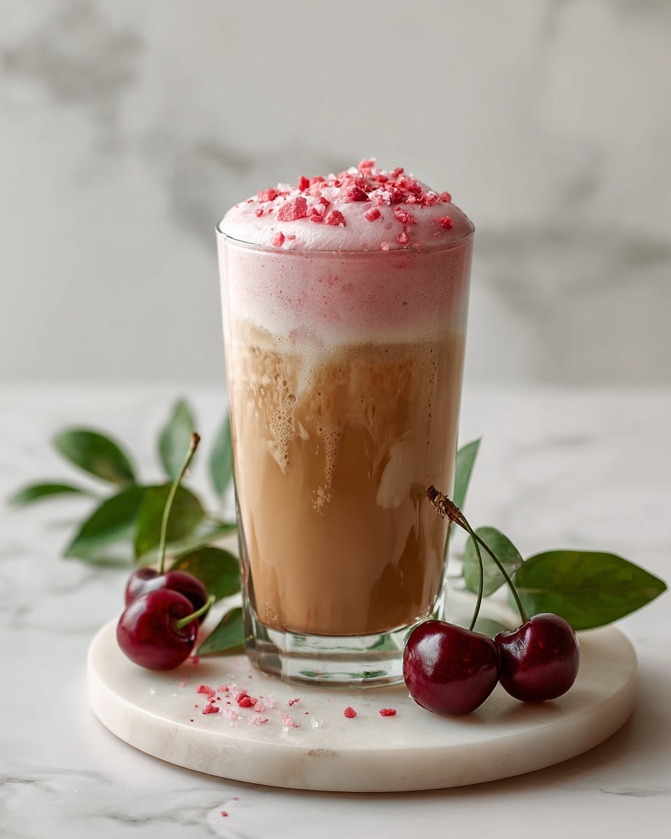 The image shows a tall clear glass filled with a drink that has three layers: the bottom layer is a light brown creamy color, the middle layer is a slightly lighter milk color with some drips running down the glass, and the top layer is a thick light pink foam sprinkled with small red crumbles. The glass sits on a round white marble coaster, with two fresh dark red cherries and green leaves placed around it. The background is a clean white marbled surface that adds a bright, fresh feel. Photo taken with an iphone --ar 4:5 --v 7