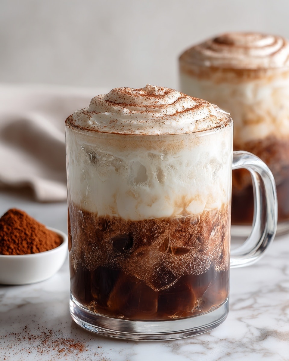 The image shows two clear glass mugs on a white marbled surface, each filled with three visible layers: a dark brown bottom layer with ice, a middle light brown layer, and a thick, creamy off-white top layer sprinkled with fine cinnamon powder. One mug is centered closer to the front while the other is slightly blurred in the background. To the left, there is a small white bowl with a heap of ground cinnamon. The creamy top has a swirled texture, giving it a soft, fluffy look. The photo taken with an iphone --ar 4:5 --v 7