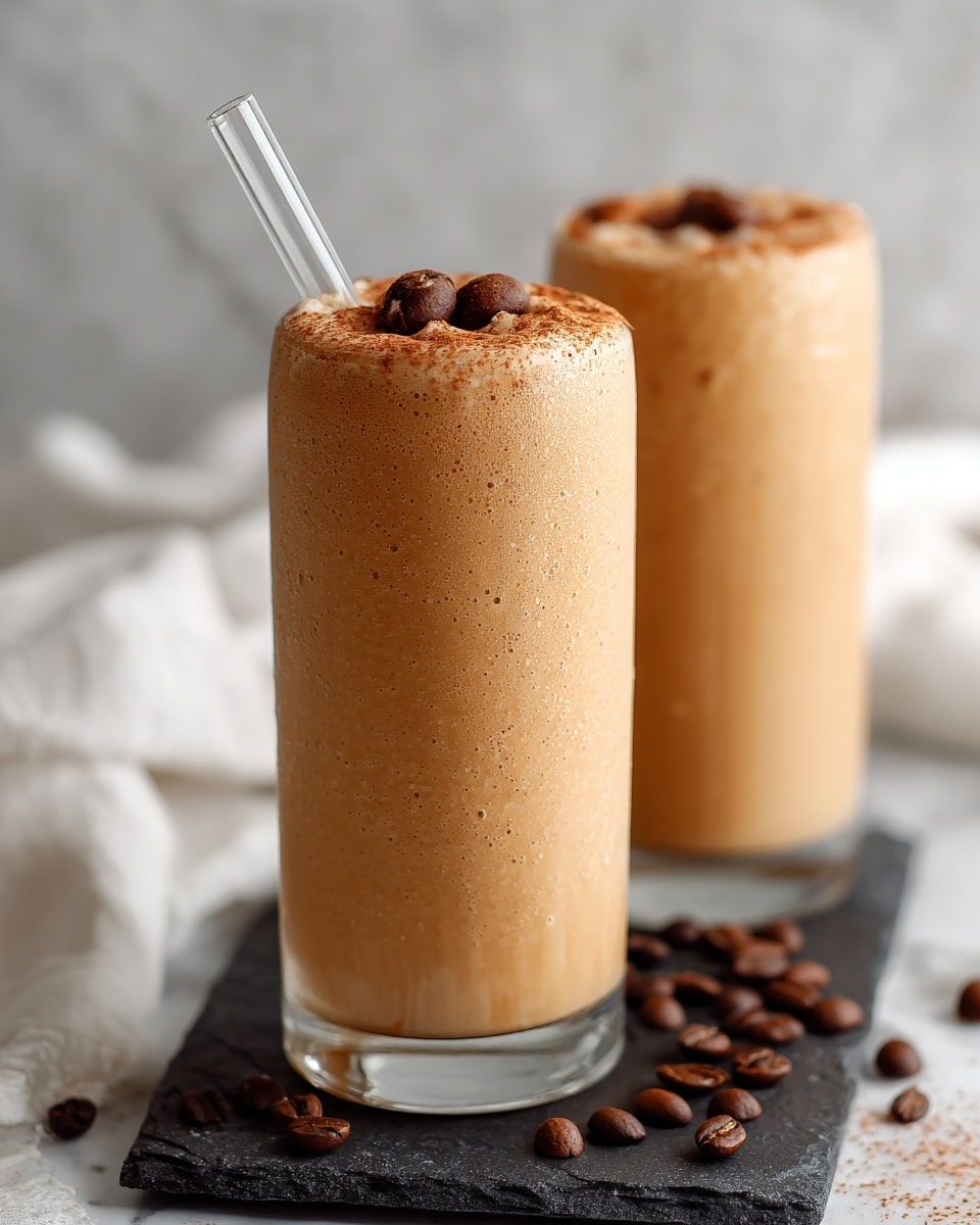 The image shows two clear glass jars filled with iced coffee, both with foam on top. The iced coffee layers have a gradient of light brown to creamy beige, with ice cubes visible inside. Each jar has a golden metal straw placed in it. The jars sit on a round wooden tray, with a white small bowl and a tea strainer nearby. The background has a white marbled texture. The overall look is simple and fresh, with warm and neutral tones. photo taken with an iphone --ar 4:5 --v 7