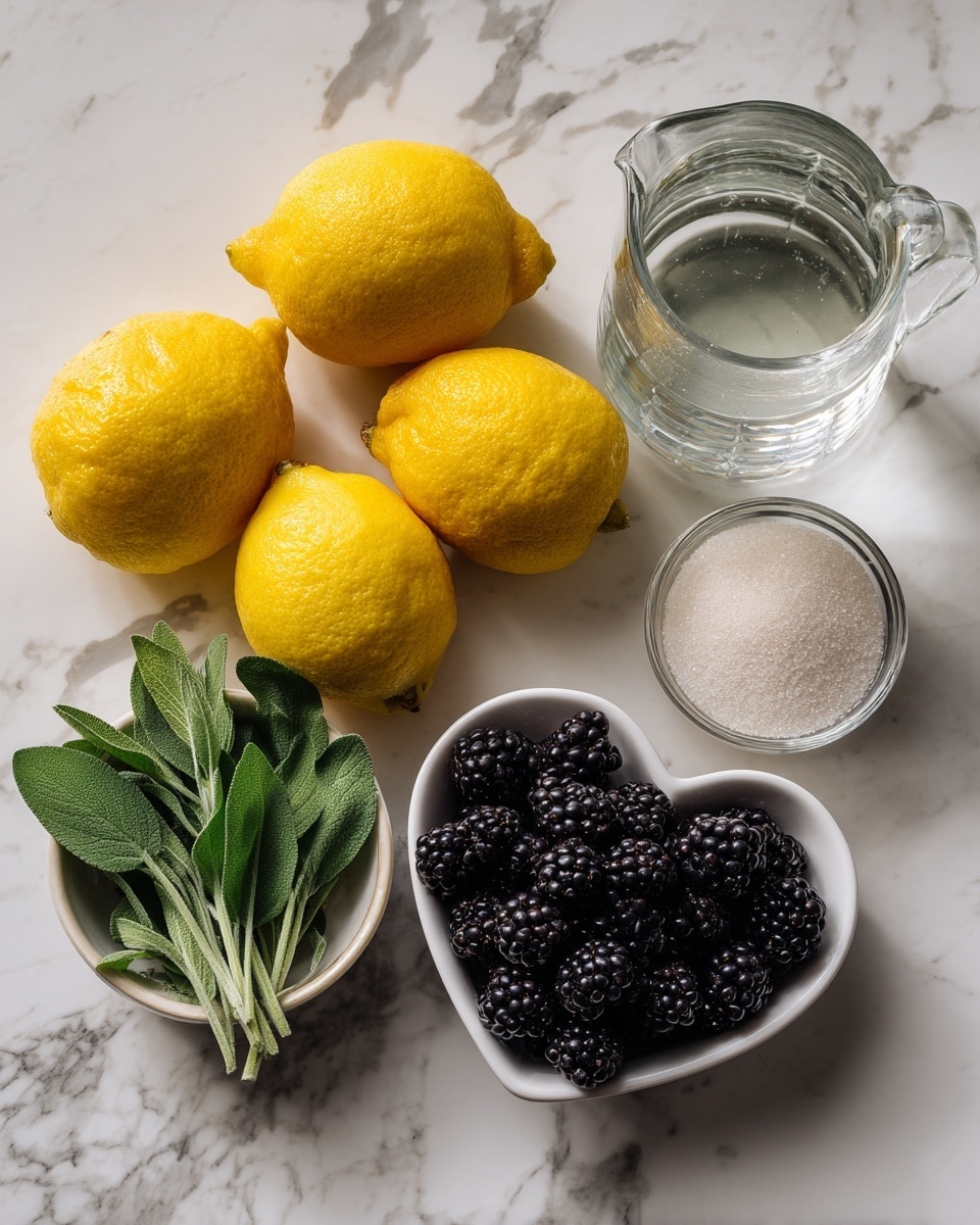 The image shows a white marbled surface with six fresh yellow lemons clustered together on the left. To the right of the lemons is a small white bowl filled with fresh green sage leaves. Below the lemons and sage, there is a small white heart-shaped bowl filled with dark purple, almost black, blackberries. Next to the blackberries, on the left, is a clear glass bowl holding off-white granulated cane sugar. To the right of the sugar, there is a small clear glass pitcher filled with water. The ingredients are clean and neatly arranged. photo taken with an iphone --ar 4:5 --v 7
