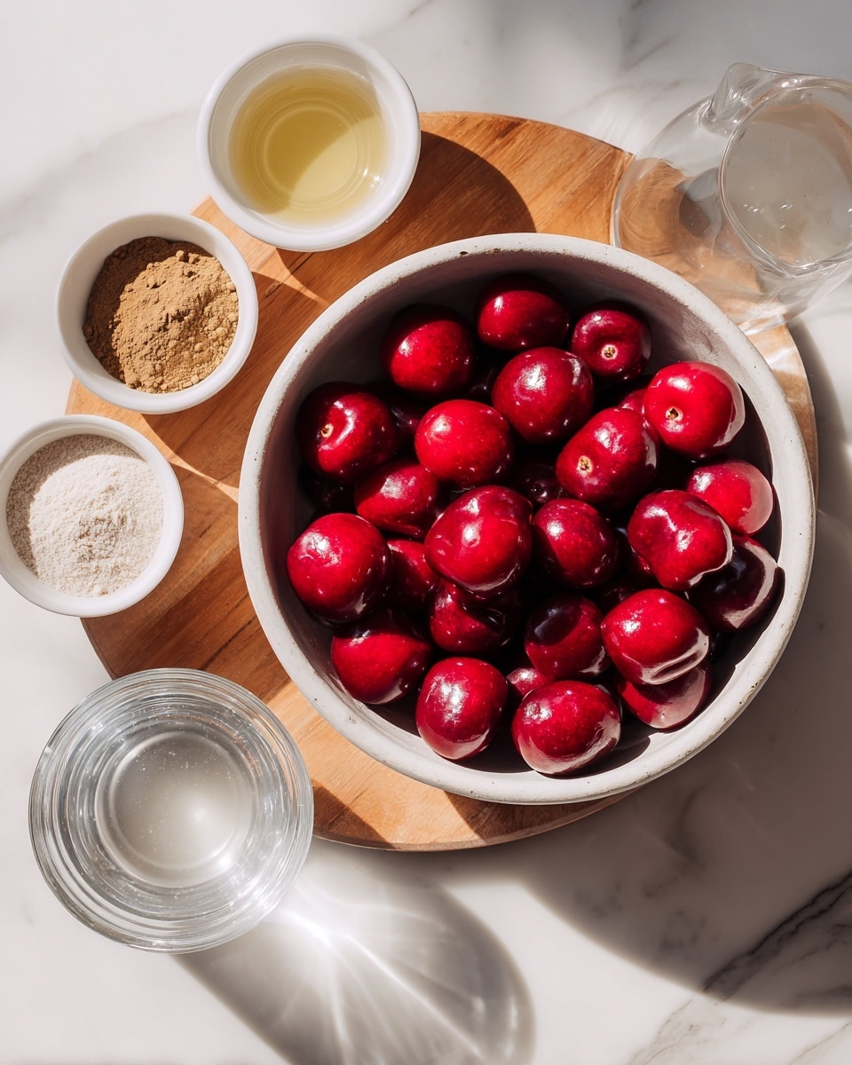 The image shows a white ceramic bowl filled with bright red cherries placed on a wooden board. Around the bowl, five small white bowls each contain a different ingredient: light brown coffee grounds, beige monk fruit powder, white coconut milk, clear water in a glass measuring cup, and light yellow vanilla extract. The surface is a white marbled texture, and soft shadows fall gently around the items. A woman's hand is reaching toward the bowl of cherries. photo taken with an iphone --ar 4:5 --v 7