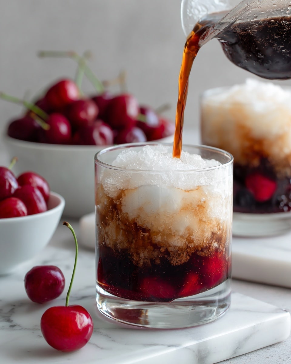 The image shows a clear glass filled with three visible layers: the bottom layer is a thick, deep red fruit puree; the middle layer is crushed ice with a dark brown liquid poured over it; and the top layer is fluffy white foam being poured from a clear pitcher, mixing slightly with the layers below. The glass sits on a white marbled surface, with a fresh red cherry placed nearby. In the background, there is another glass with similar layers and a white bowl filled with red cherries. Photo taken with an iphone --ar 4:5 --v 7