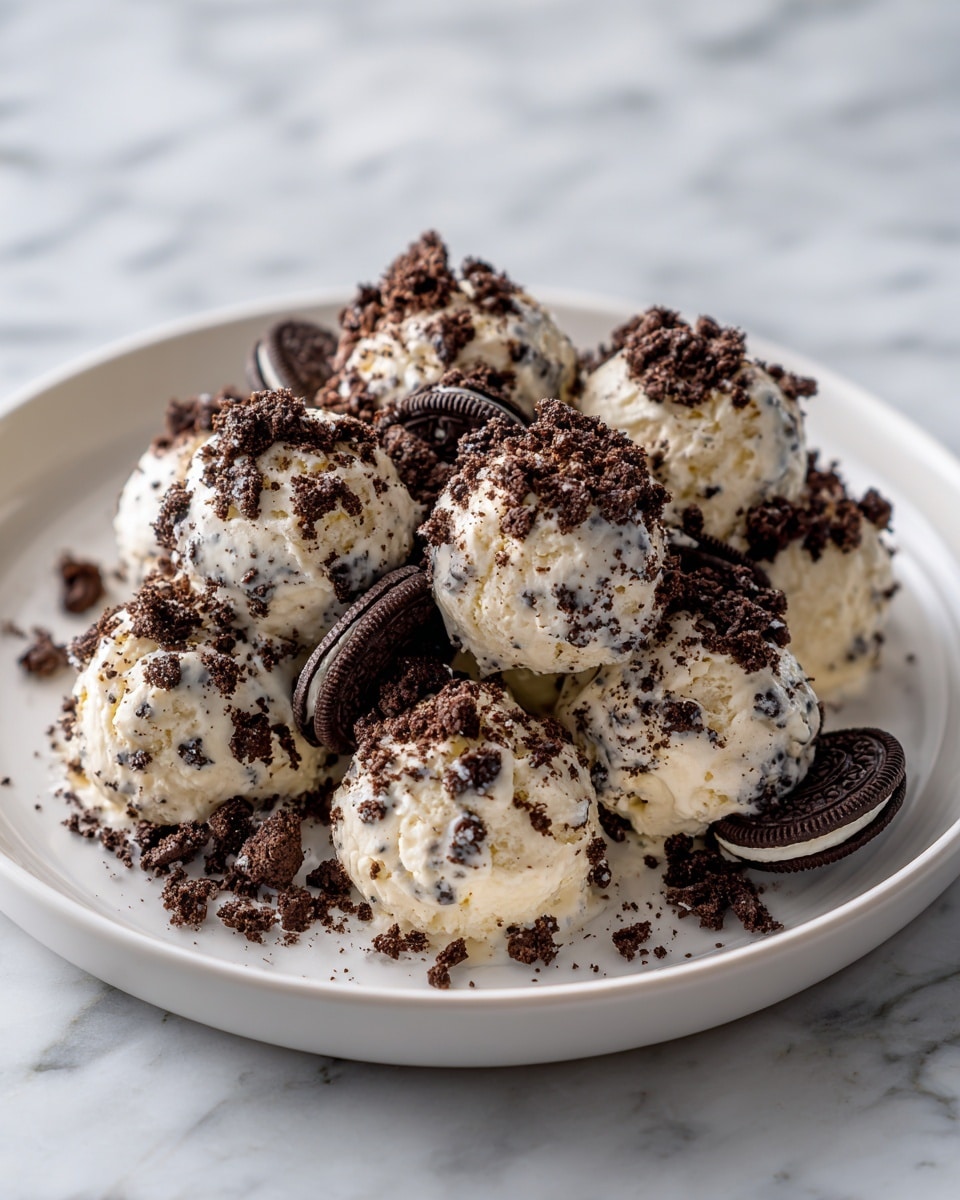 The dish shows a white plate filled with about ten round balls that are white with black cookie crumbs mixed in. On top and around these balls, there is a layer of white cream or ice cream, which looks soft and creamy, covered with chunks and crumbs of dark chocolate cookies. Some whole round chocolate sandwich cookies are placed near the edge of the plate, partially visible under the cream and crumbs. The plate is on a white marbled surface, and the whole image has a soft light with clear details. photo taken with an iphone --ar 4:5 --v 7