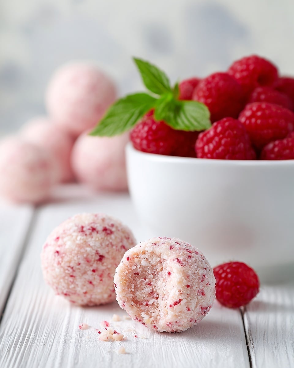 The image shows three small round balls made of a light pink, slightly textured mixture with small red specks, arranged in the foreground on a white wooden surface with one ball in the middle having a small bite taken out of it revealing a crumbly inside. Behind them is a white bowl filled with fresh red raspberries and a single green leaf. In the background, more pink balls are slightly blurred, resting on the same white wooden surface. The overall background is clean and bright with a white marbled texture. photo taken with an iphone --ar 4:5 --v 7