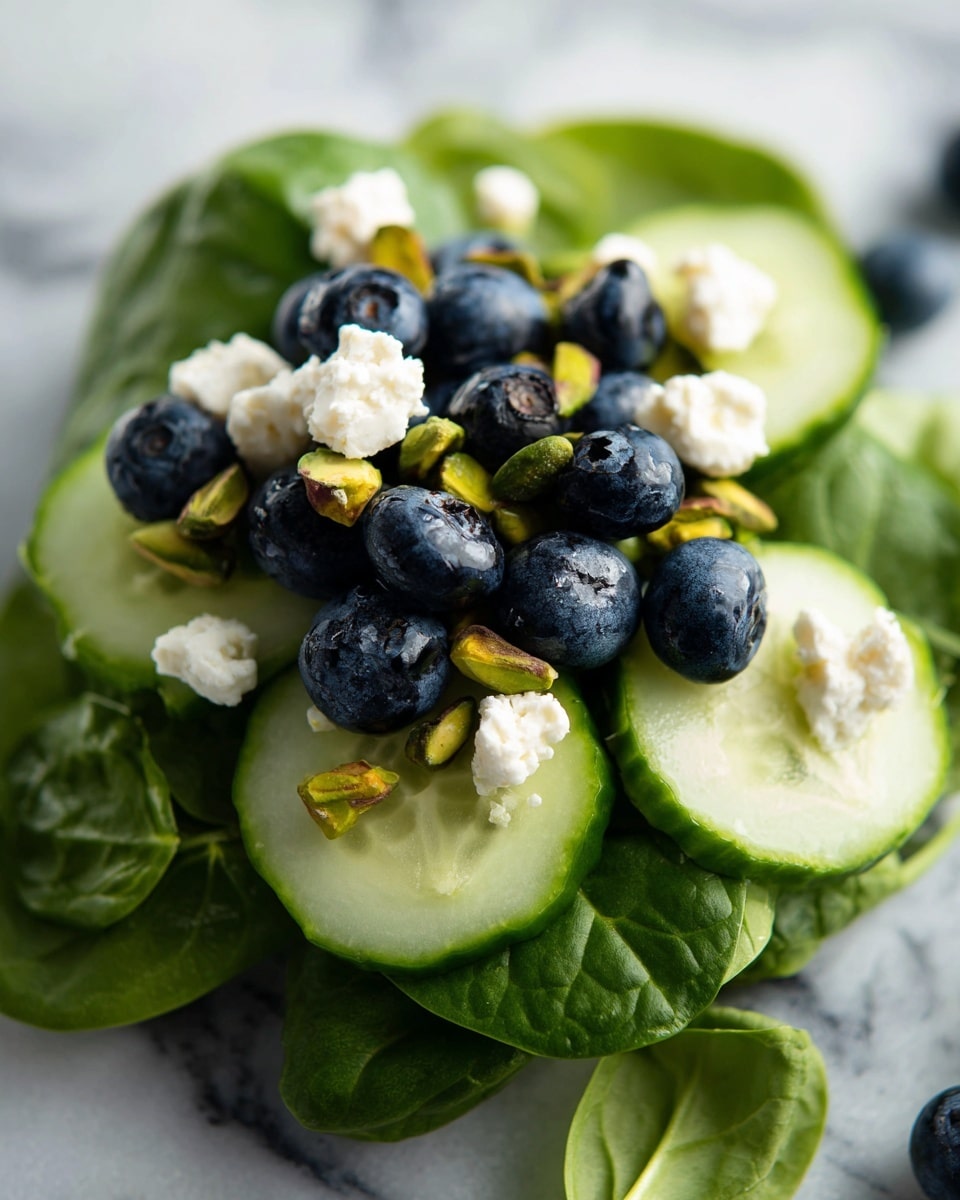 The image shows a white marbled surface with various bowls and small dishes arranged neatly. There is a large clear bowl filled with mixed green salad leaves at the top. Below it, there is a white bowl filled with blueberries on the left and a small wooden bowl with green pistachios next to it. To the right, there is half of an avocado with its seed removed. Below these, there is a small white bowl with thin slices of purple and white radish, a small bowl with red pomegranate seeds, a bowl with thin slices of red onion, and another bowl with white crumbled cheese. A small glass jug with pink dressing is seen near the top left corner. A woman's hand is gently holding the large clear bowl. Photo taken with an iphone --ar 4:5 --v 7