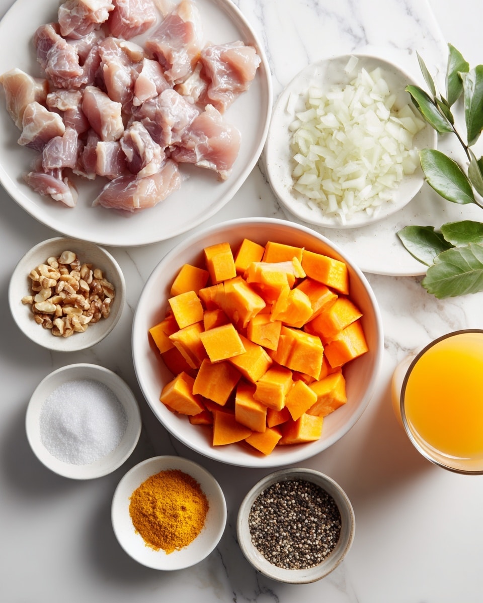 The image shows an overhead view of a white marbled surface with various white bowls and plates arranged neatly. The largest white bowl at the bottom center holds bright orange diced pieces, likely sweet potatoes. To the top left, a white plate contains raw, light pink meat pieces. Surrounding these are small white bowls filled with finely chopped white onions, crushed light brown nuts, finely minced light yellow garlic, and bright yellow turmeric powder. Nearby, a small white bowl holds coarse white salt, and another small bowl has black and white pepper mix. There is also a glass of orange liquid, possibly juice, on the right side. Fresh green leaves peek in from the bottom right corner. The scene is clean and well-organized, focused on raw ingredients preparing for cooking. photo taken with an iphone --ar 4:5 --v 7