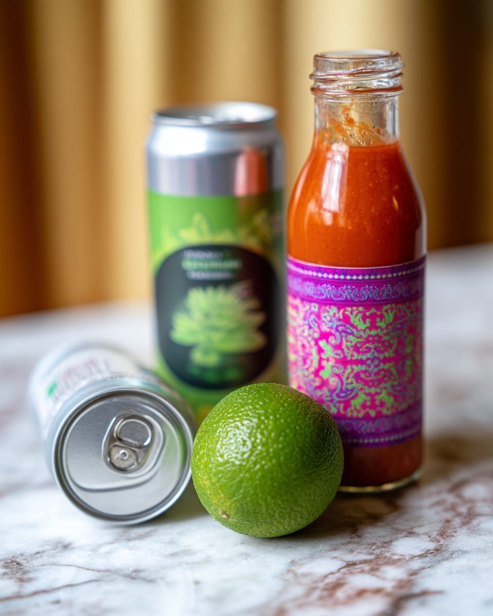 The image shows three items placed on a white marbled surface: a clear glass bottle of bright orange-red sweet chili sauce with a purple and pink label, a green lime with a textured, slightly shiny skin in front, and a small silver can of light coconut milk with a green and black label standing next to the bottle. The background is softly blurred with warm beige and white tones. photo taken with an iphone --ar 4:5 --v 7
