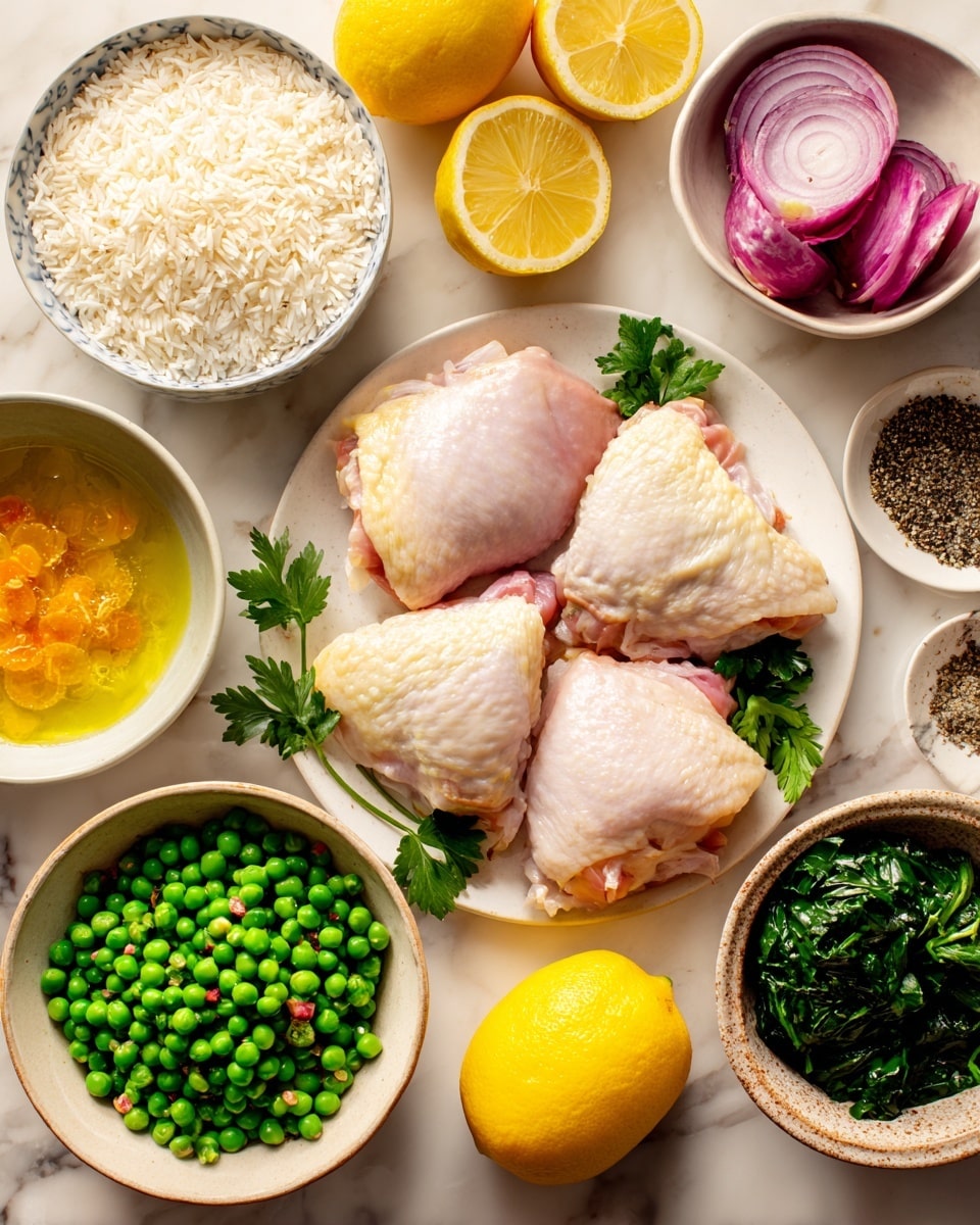 The image shows several small bowls and plates on a white marbled surface, each filled with different cooking ingredients. There are four raw chicken thighs placed in the center on a white plate, surrounded by bright ingredients: fresh green parsley, two whole lemons with some lemon halves, thin slices of red onion, a bowl of dry white rice, a bowl of fresh green peas mixed with some small pieces of orange vegetable, a small amount of yellow oil in a bowl, cooked spinach in another bowl, and two small piles of black and white spices on the surface. All the colors are fresh and clear, with the chicken pale pink, the greens vibrant, and the lemons bright yellow photo taken with an iphone --ar 4:5 --v 7