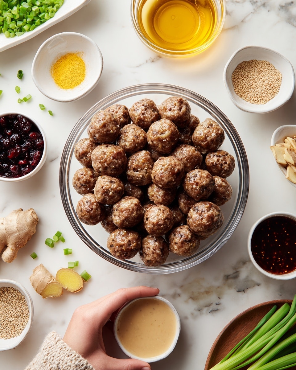 A clear round bowl filled with many small, round meatballs piled evenly. The bowl sits on a white marbled surface surrounded by small white bowls and containers holding different ingredients: a golden honey-colored liquid, a light beige sauce, chopped green onions, red sauce, a dark brown sauce, black sauce, pale yellow sesame seeds, and fresh ginger pieces scattered nearby. A woman's hand holds a small white bowl with a light sauce. The scene is bright and neat, showing the evenly shaped meatballs and the variety of sauces and spices arranged around them. photo taken with an iphone --ar 4:5 --v 7