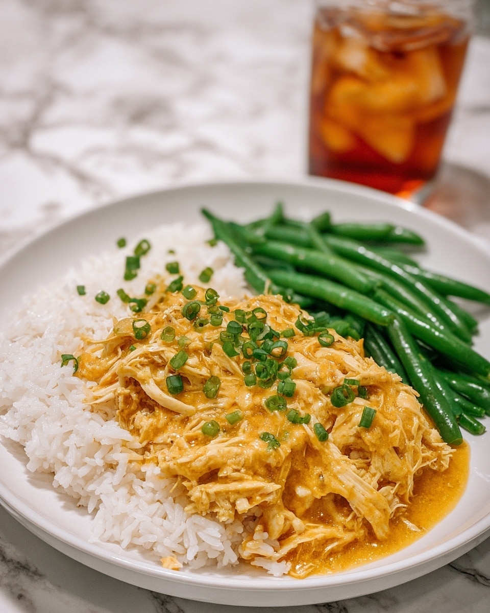 A white plate shows a meal with three parts: on the bottom left, a layer of fluffy white rice, topped with shredded chicken in a thick yellow-orange sauce with bits of green onions sprinkled on top; on the right side of the plate are bright green steamed green beans, placed in a neat cluster; the background is a white marbled texture, and a glass with a brown drink and ice is seen blurred on the far right edge of the image, photo taken with an iphone --ar 4:5 --v 7