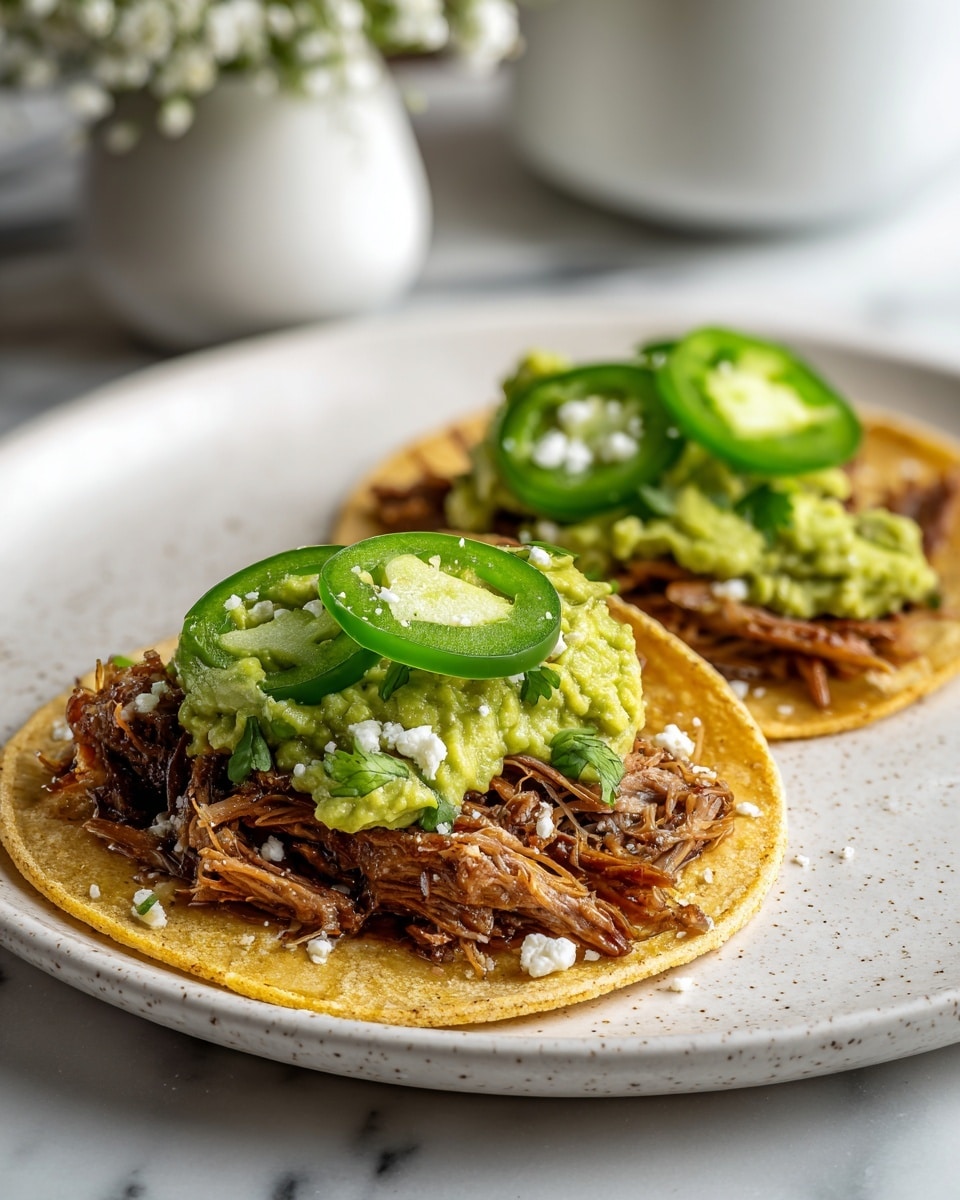 Two tacos sit side by side on a white speckled plate with soft, slightly toasted corn tortillas as the base. Each taco is filled with shredded, brown, juicy pulled meat, topped with a green guacamole layer that looks creamy and chunky. On top of the guacamole, there are thin slices of bright green jalapeño peppers with visible seeds, adding a fresh and textured look. Small white crumbs, likely cheese, are scattered lightly over the guacamole. The plate rests on a white marbled surface, and in the background, there is a blurred white vase with tiny white flowers. photo taken with an iphone --ar 4:5 --v 7