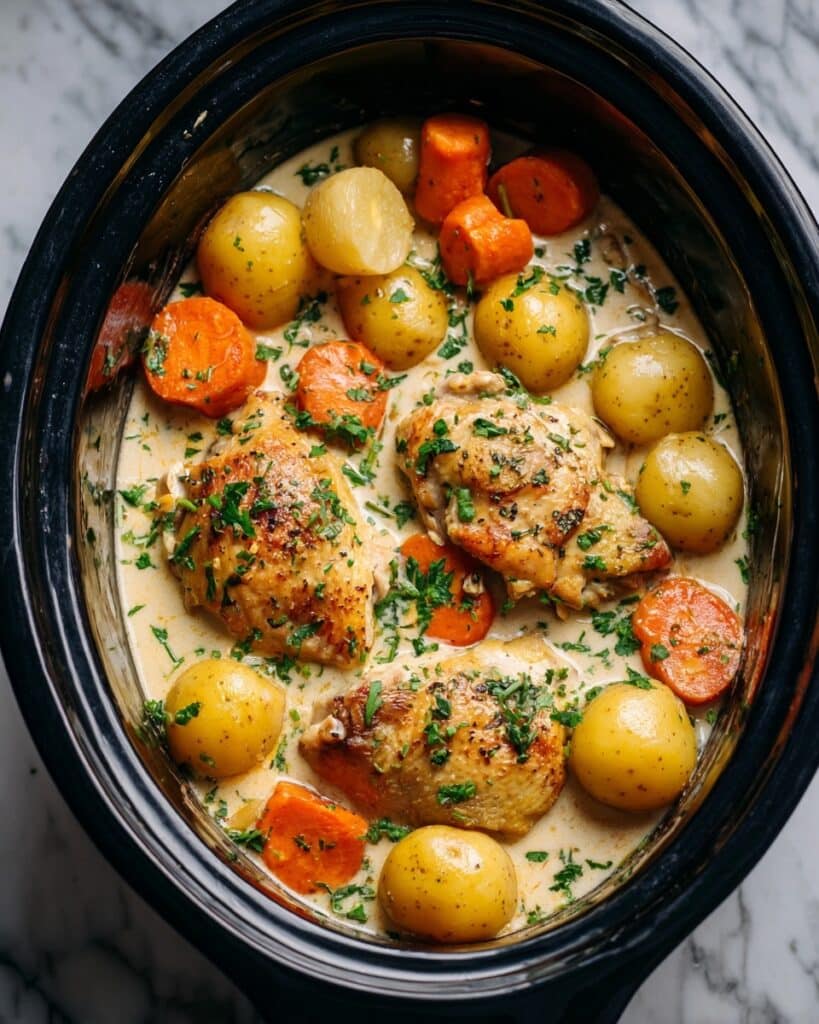 Crockpot Cheesy Ranch Chicken with Potatoes and Carrots Recipe
