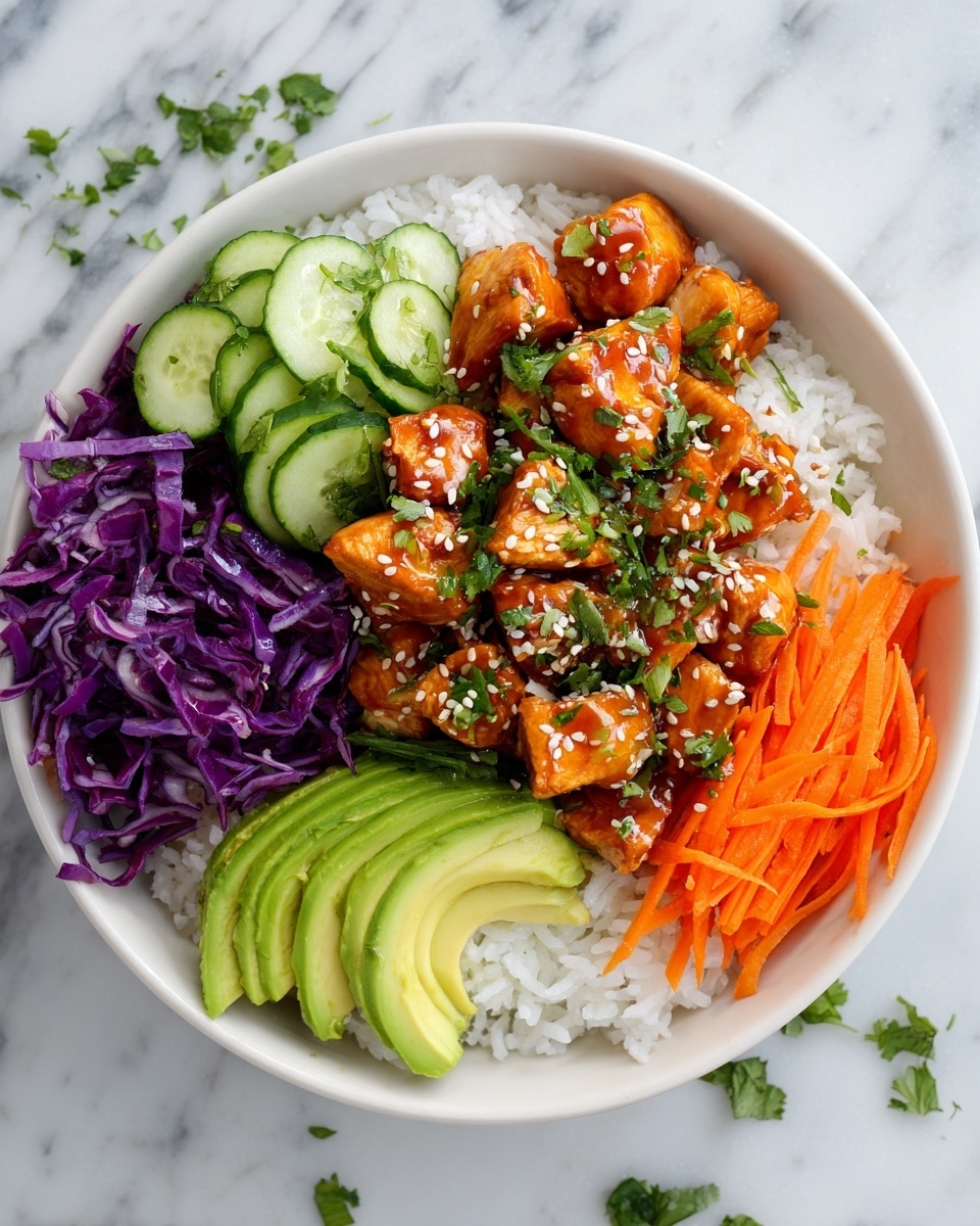 A white bowl filled with white rice forms the base layer, topped with pieces of orange-brown glazed chicken sprinkled with white sesame seeds and chopped green herbs. Around the chicken, there are sections of purple shredded cabbage, thin orange carrot strips, bright green sliced cucumbers, and several slices of light green avocado. The bowl sits on a white marbled surface with a few green herb leaves scattered around. Photo taken with an iphone --ar 4:5 --v 7