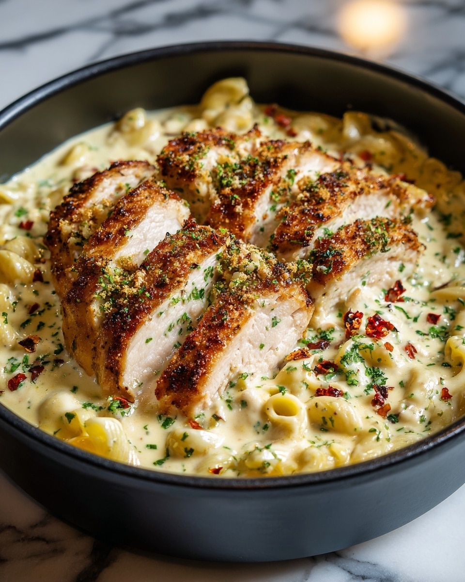 The image shows a close-up of a black slow cooker filled with creamy pasta. The pasta is penne, cooked and coated in a light cream sauce, mixed with small pieces of cooked white chicken. On top, there are some green chopped herbs sprinkled evenly, giving a fresh touch. The sauce looks smooth and slightly shiny, and the chicken bits look soft and tender. The pasta shapes and chicken pieces are layered in a casual way, filling the pot almost to the top. The background is a white marbled surface. photo taken with an iphone --ar 4:5 --v 7