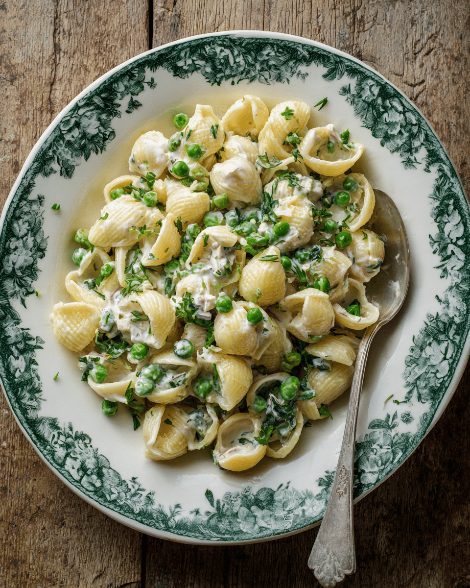 The dish is a plate of small round pasta shells mixed with a creamy white sauce, visible in multiple thick layers coating the pasta. The pasta layers are light yellow with soft, smooth textures. Scattered throughout are small green peas and bright green leafy vegetables, adding fresh color and texture. Small bits of cooked white meat and herbs are mixed evenly through the dish, creating a contrast with the creamy sauce. The plate is white with a dark green floral border, set on a rustic wooden surface. A silver spoon partially rests on the right edge of the plate. The overall look is creamy and fresh with delicate touches of green herbs on top. Photo taken with an iphone --ar 4:5 --v 7