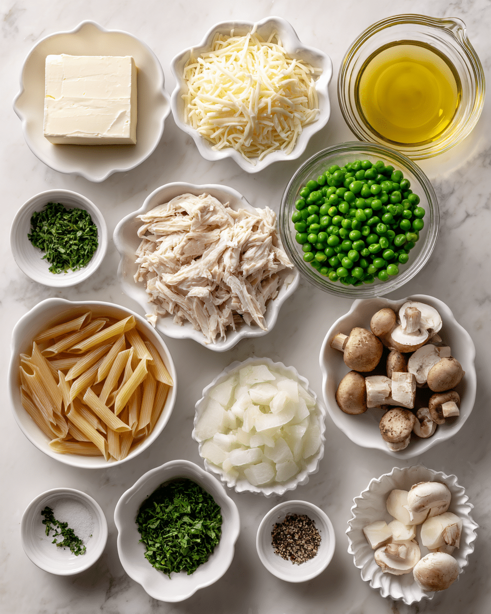 The image shows multiple small white bowls and glass cups arranged on a white marbled surface, each containing a different ingredient for a recipe. Starting from the top left, there is a smooth block of cream cheese in a white bowl, next to a white bowl filled with shredded mozzarella cheese, and a glass cup with clear yellow chicken broth on the top right. Below the chicken broth, a glass cup holds bright green peas. Moving left from the peas, a white bowl contains shredded cooked chicken, and next to it is a white bowl with uncooked penne pasta in light brown color. Below the pasta, a white bowl holds shiny olive oil. To the left of the oil, a small white bowl is filled with chopped fresh parsley, and next to it, on the right, is a white scallop-edged dish with chopped garlic. Above the parsley, a glass bowl contains grated parmesan cheese. To the left of the parmesan, a white bowl has chopped white onion pieces. Above the onion, another white bowl contains sliced mushrooms in light brown and cream shades. Finally, to the right of the oil, two small white dishes hold salt and ground black pepper. The bowls are neatly spaced, giving a clear, clean, and organized look. Photo taken with an iphone --ar 4:5 --v 7
