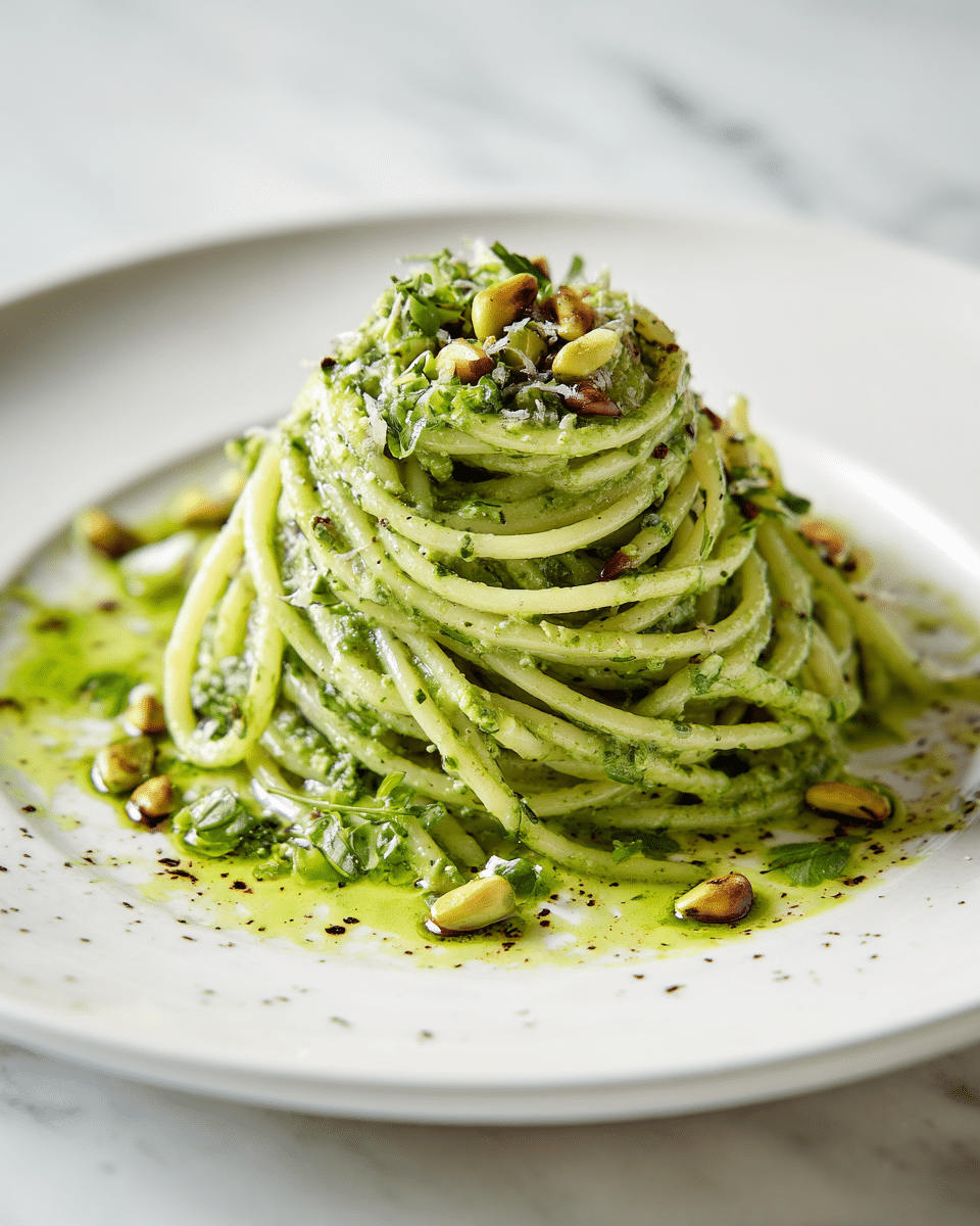 A single serving of spaghetti pasta is twisted into a small, tall mound placed on a white plate with a slightly rough texture. The pasta is coated evenly with bright, green pesto sauce made of crushed herbs and nuts, giving it a chunky texture with small bits visible. The plate sits on a white marbled surface, and the overall look is fresh, simple, and rustic. photo taken with an iphone --ar 4:5 --v 7