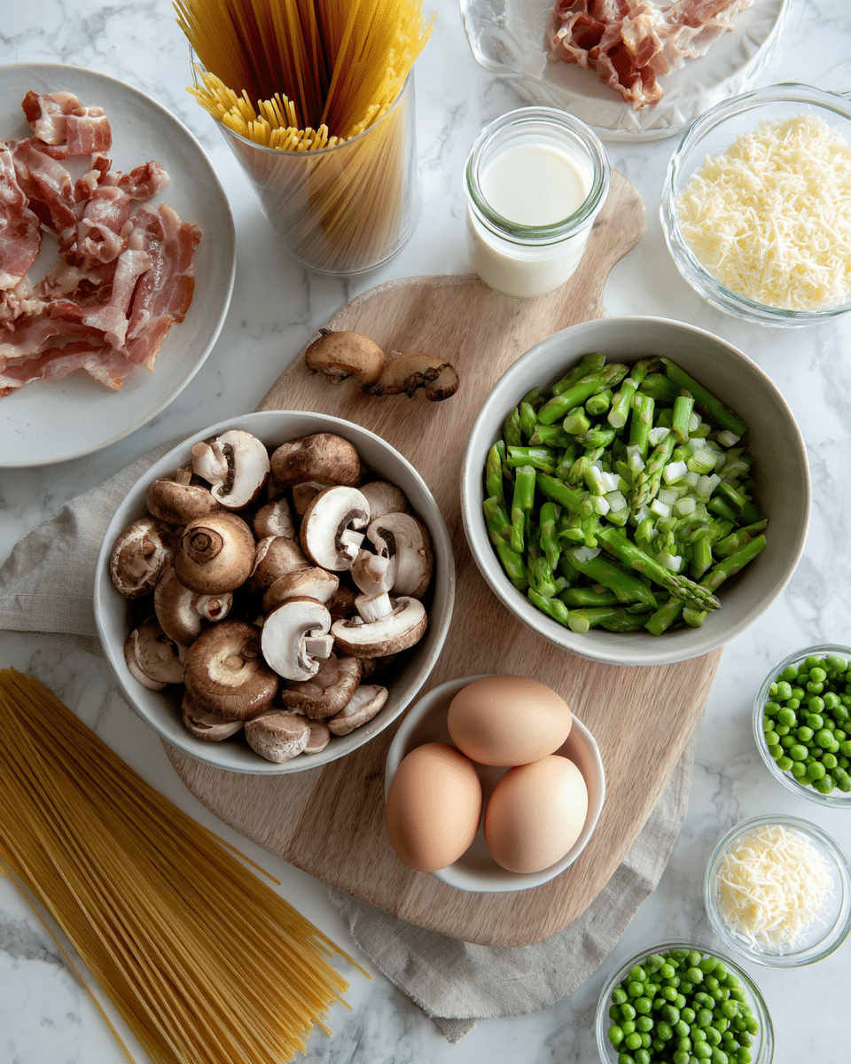The image shows a top view of various fresh ingredients on a white marbled surface. On a light wooden board with a handle, there are three containers: a white bowl with sliced brown mushrooms, a light grey bowl filled with chopped green asparagus, and a clear glass jar containing milk. Surrounding the board are other ingredients including a white plate with small pieces of raw bacon, a half-cut red onion placed directly on the surface, a glass full of uncooked spaghetti pasta standing upright, a white bowl holding two cracked raw eggs, a small glass bowl with green peas, and another small glass bowl with grated cheese. The overall setting is bright and clean, arranged neatly for cooking preparation photo taken with an iphone --ar 4:5 --v 7