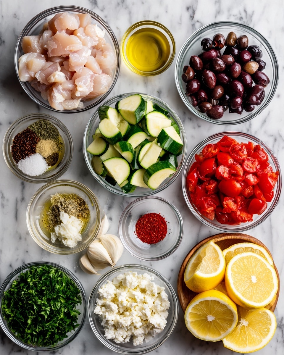 The image shows a white marble surface with 15 small clear glass bowls arranged in a 3 by 5 grid. Each bowl contains a different ingredient: raw chicken pieces, sliced green zucchini, bright red cherry tomatoes, dark black olives, white crumbled cheese, golden olive oil, minced garlic, dried oregano, white salt, bright red paprika, white sugar, black pepper, red chili flakes, fresh green parsley, and lemon wedges. A woman’s hand is holding the bowl with lemon wedges at the bottom right corner. The overall look is neat with contrasting colors of red, green, white, black, and yellow. photo taken with an iphone --ar 4:5 --v 7