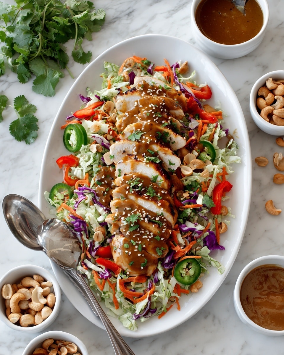A white fluted plate holds a colorful salad with several layers: the base is shredded green and purple cabbage mixed with thin orange carrot sticks and sliced green celery. Bright red bell pepper strips and chopped green onions are scattered on top. In the center, three slices of slightly glazed cooked chicken are placed, sprinkled with white sesame seeds and small green cilantro leaves. A few cashew nuts and sliced almonds are spread across the salad, adding texture. A silver fork rests on the right edge of the plate, with some salad pieces caught on its prongs. Around the plate are small bowls with cashew nuts and sliced almonds on a white marbled surface, with a light gray cloth visible in the bottom left corner. Photo taken with an iphone --ar 4:5 --v 7