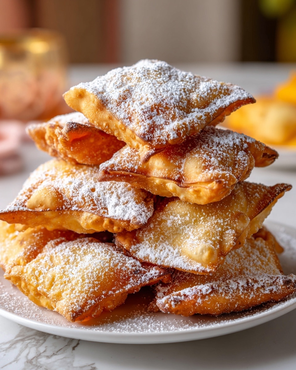 A stack of crispy, golden brown fried dough squares is arranged in a slightly uneven pile on a white plate. The dough pieces have a rough, bubbly texture with some darker spots where they are more cooked, and they are lightly dusted with fine white powdered sugar that covers most surfaces. The layers of the dough squares vary in size, with some pieces on top smaller and angled, creating a sense of height and depth. The background is softly blurred but shows hints of warm colors, and everything sits on a white marbled surface. photo taken with an iphone --ar 4:5 --v 7
