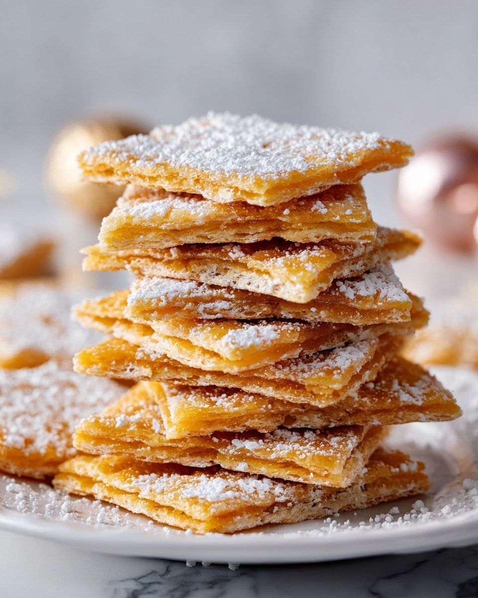 A tall stack of thin, crispy, golden-brown square pieces sprinkled evenly with fine white powdered sugar is arranged on a white plate. Each piece has a slightly bubbly texture with some parts darker and others lighter, showing a crunchy and chewy look. The squares are stacked in a slightly uneven pile, making the layers clear and giving a sense of lightness. The surface under the plate is a white marbled texture that softly reflects light. In the background, there are blurred objects, with soft colors that do not distract from the main focus. photo taken with an iphone --ar 4:5 --v 7
