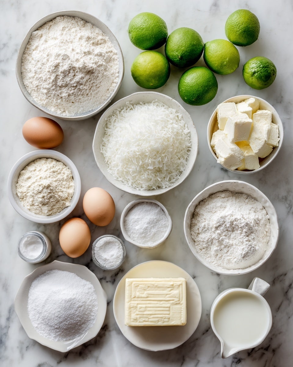 The image shows various baking ingredients arranged neatly on a white marbled surface. There are three small white bowls in the center, from left to right: one with shredded white coconut, one filled with white powdered sugar, and one with white sugar. Around these, several ingredients are placed with labels: a block of cream cheese and a block of butter both on small white plates at the bottom, a white bowl with flour on the left, and a bowl with milk on the right. Eggs are placed near vanilla extract on the left, while containers of baking powder, baking soda, and salt are at the top. Several whole limes are also shown near the coconut extract and coconut milk. All the ingredients are evenly spaced, creating an organized, clean look. Photo taken with an iphone --ar 4:5 --v 7