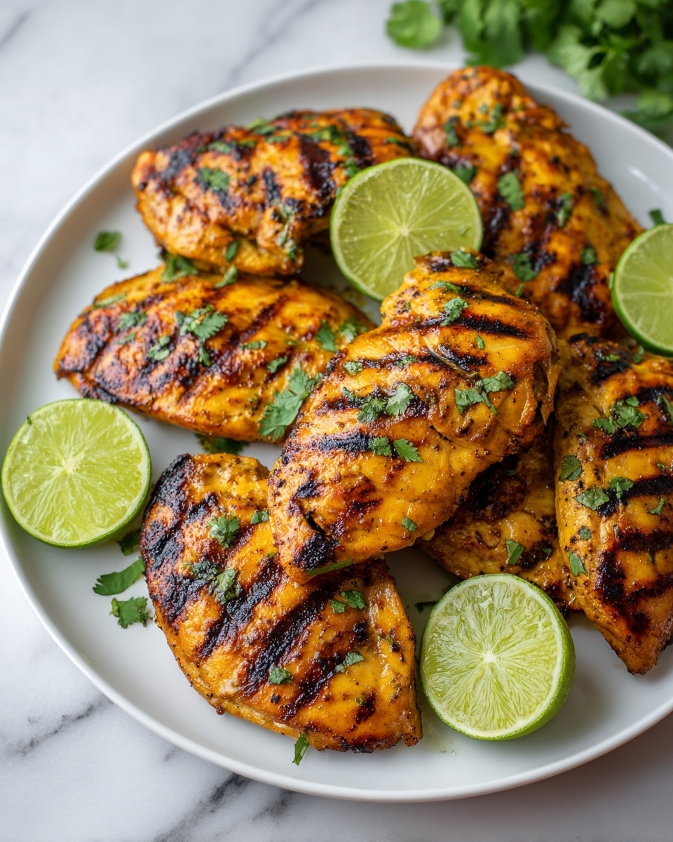 The image shows a close-up of several grilled chicken pieces with dark grill marks and a shiny, caramelized surface, stacked closely together on a white plate. The chicken has a rich golden brown color with hints of charred black lines and is sprinkled with small green herb bits evenly across the surface. Around the chicken are multiple lime halves and wedges that are bright green with juicy textures. The whole scene sits on a white marbled background, enhancing the fresh and vibrant look of the dish photo taken with an iphone --ar 4:5 --v 7