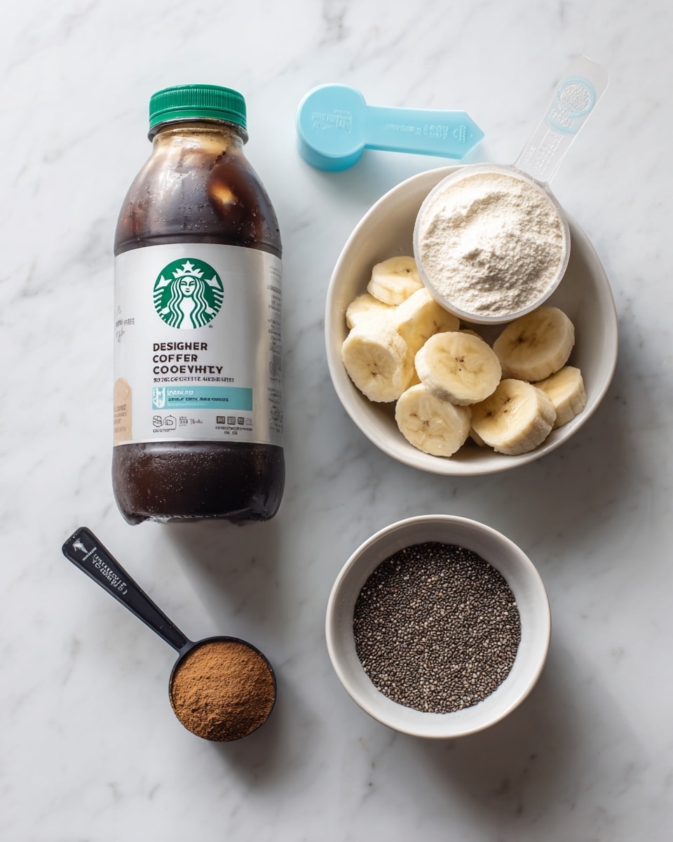 The image shows six items arranged on a white marbled surface: on the left is a bottle of Starbucks Iced Coffee with a green cap and dark brown liquid inside, in the center is a tall container of Designer Whey protein powder with a white top and a label in white and teal, just below it is a light blue measuring scoop filled with white powder, on the right side there is a small white bowl filled with sliced banana pieces and next to it another small white bowl filled with chia seeds, at the bottom left there is a black measuring spoon holding a small amount of brown cinnamon powder, all items are clearly spaced apart. photo taken with an iphone --ar 4:5 --v 7
