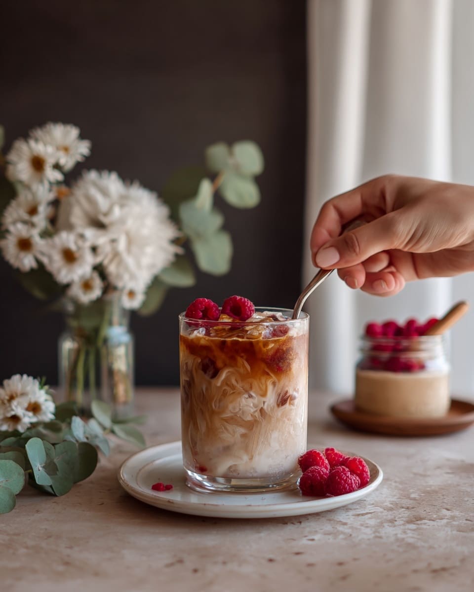 The image shows a clear glass with two layers of drink placed on a white ceramic saucer with soft ridges. The bottom layer is light pink and smooth looking, while the top layer is brown and filled with ice cubes. Two fresh raspberries sit on the rim of the glass on the right side. In the background, there is another glass with the same drink on a matching saucer, and behind it, there is a small clear jar with red jam and a light wooden spoon. On the right side, white flowers rest on a soft pink cloth, and four raspberries are scattered on the surface in the foreground. The whole scene sits on a white marbled surface, with a blurred window and light green leaves in the far background. photo taken with an iphone --ar 4:5 --v 7