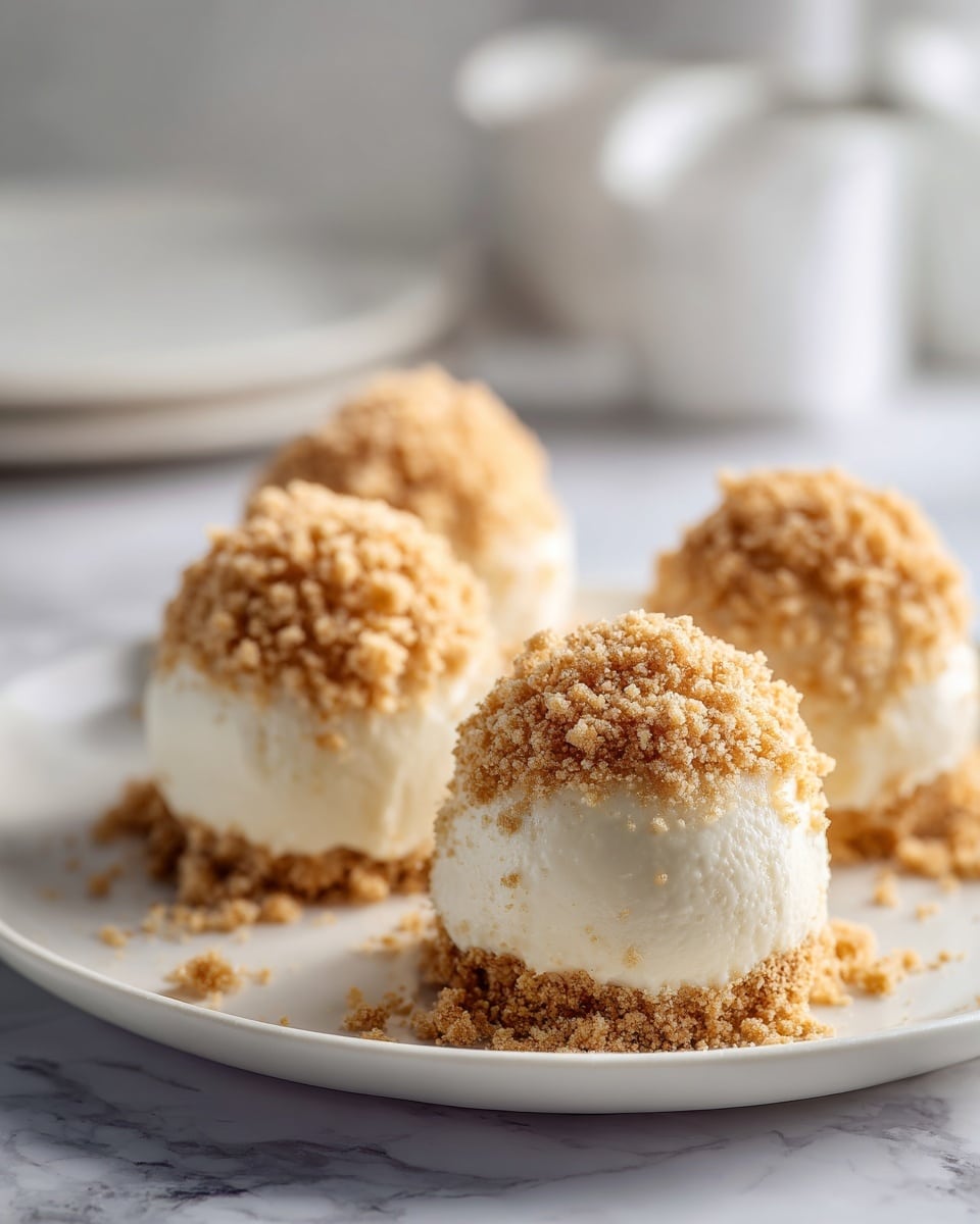 There are six round balls on a white plate placed on a white marbled surface. Each ball has a rough and crumbly light brown outer layer, similar to crushed cookies or crumbs. One ball is shown with a bite taken out, revealing a creamy, smooth, pale beige inside. The balls are arranged close together in an informal cluster, and some crumbs are scattered on the plate. The photo is taken with an iphone --ar 4:5 --v 7