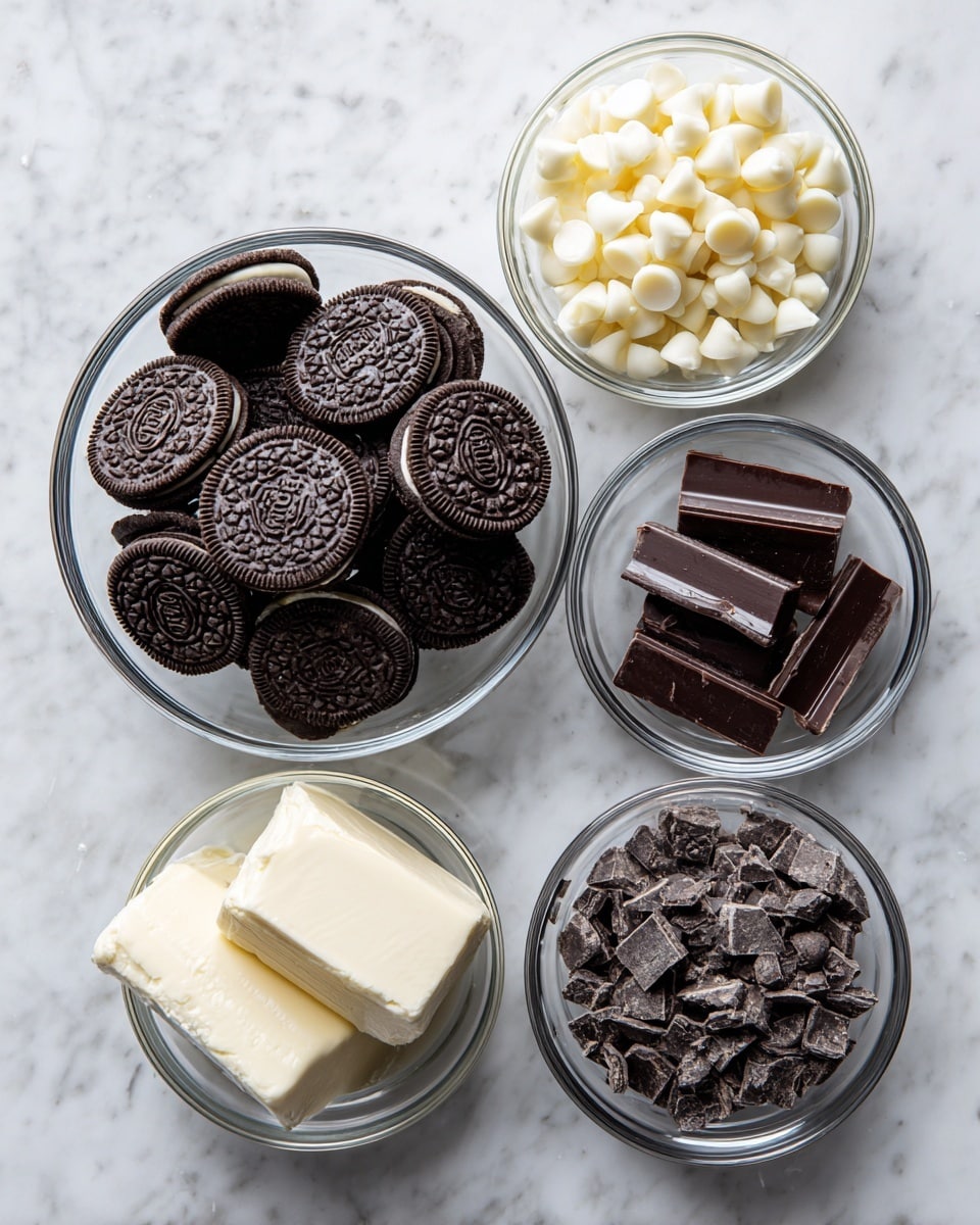 A white marbled surface holds five clear glass bowls arranged in a loose circle. The center bowl is filled with round chocolate sandwich cookies, dark brown with a hint of cream filling visible between. Surrounding it are four smaller bowls: one with white chocolate chips, a second with small, square pieces of dark semi-sweet chocolate, another with a smooth block of cream cheese, and the last one with a small amount of clear coconut oil. Each bowl is filled to different levels, clearly showing the texture and color contrasts—dark black cookies, ivory white chocolate, and smooth off-white cream cheese. photo taken with an iphone --ar 4:5 --v 7