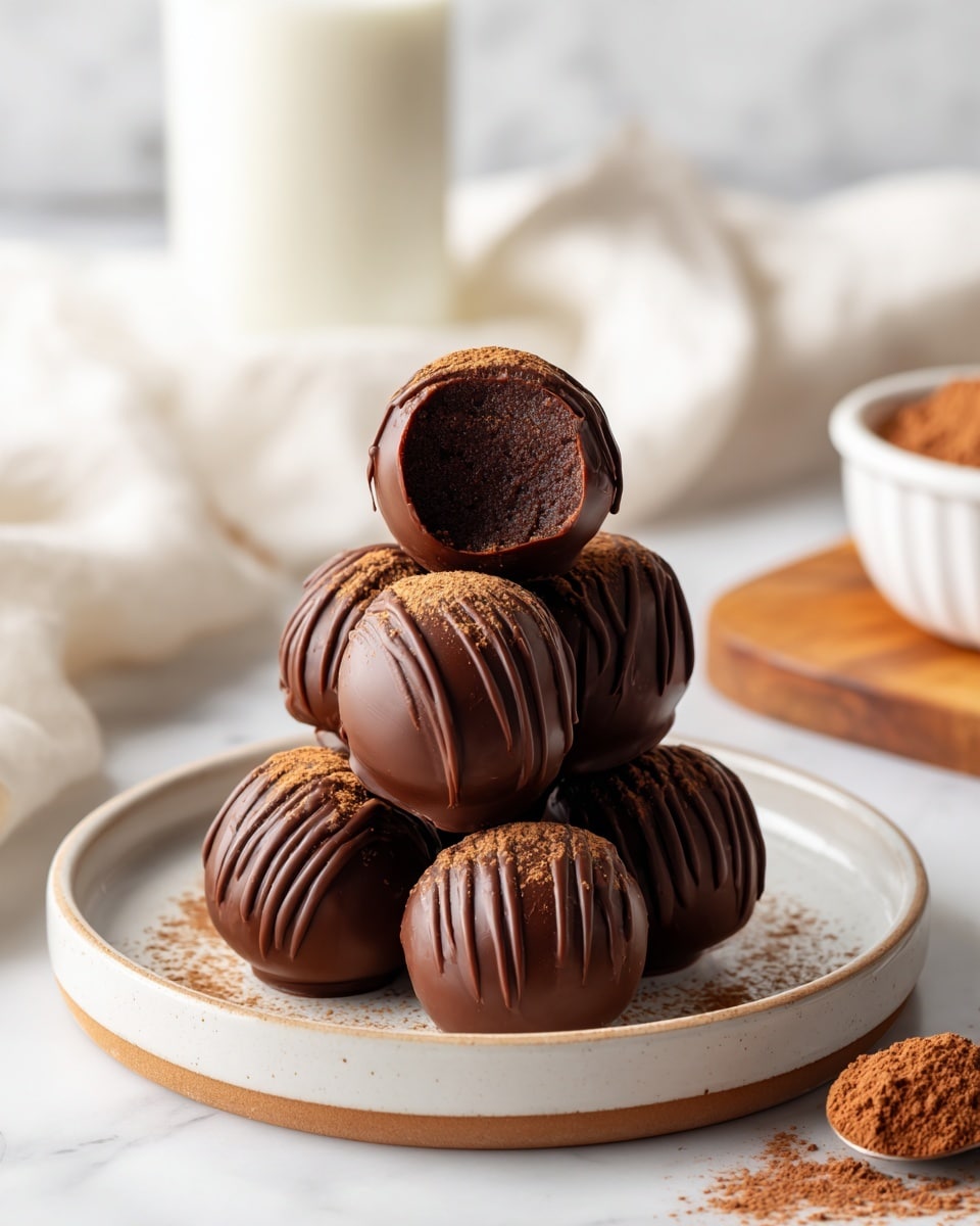 A stack of six smooth chocolate balls is arranged in a pyramid shape on a white ceramic plate with a light brown rim, placed on a white marbled surface. The balls are covered in glossy chocolate with thin chocolate drizzle lines on top, and sprinkled with a fine dusting of brown cocoa powder. The top ball has a bite taken out, showing a dark, rich, textured chocolate inside. In the background, there is a blurred white cloth, a clear glass of milk, and a white bowl on a wooden board, along with a spoon holding cocoa powder to the right side. photo taken with an iphone --ar 4:5 --v 7