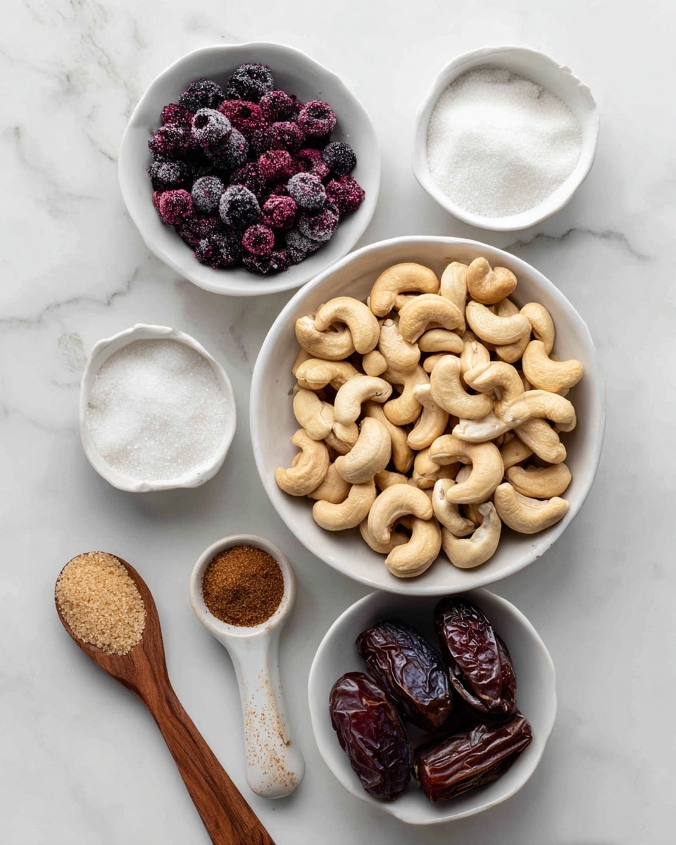 The image shows five white bowls with different ingredients arranged on a white marbled surface. In the center is a large white bowl filled with light tan cashew nuts. Above it to the left is a smaller white bowl filled with dark purple frozen berries. Above and to the right of the cashews is a small white bowl containing white granulated sugar. Below the cashews to the right is a white bowl with dark reddish dried dates or prunes. To the left of the dates is a wooden spoon with a small amount of brown sugar, and next to it is a small white spoon with a light brown powder, likely cinnamon. The textures of the nuts are smooth and curved, the frozen berries have a rough and frosty look, the sugar is fine and grainy, the dates are wrinkled and shiny, and the powders are fine and soft. Photo taken with an iphone --ar 4:5 --v 7