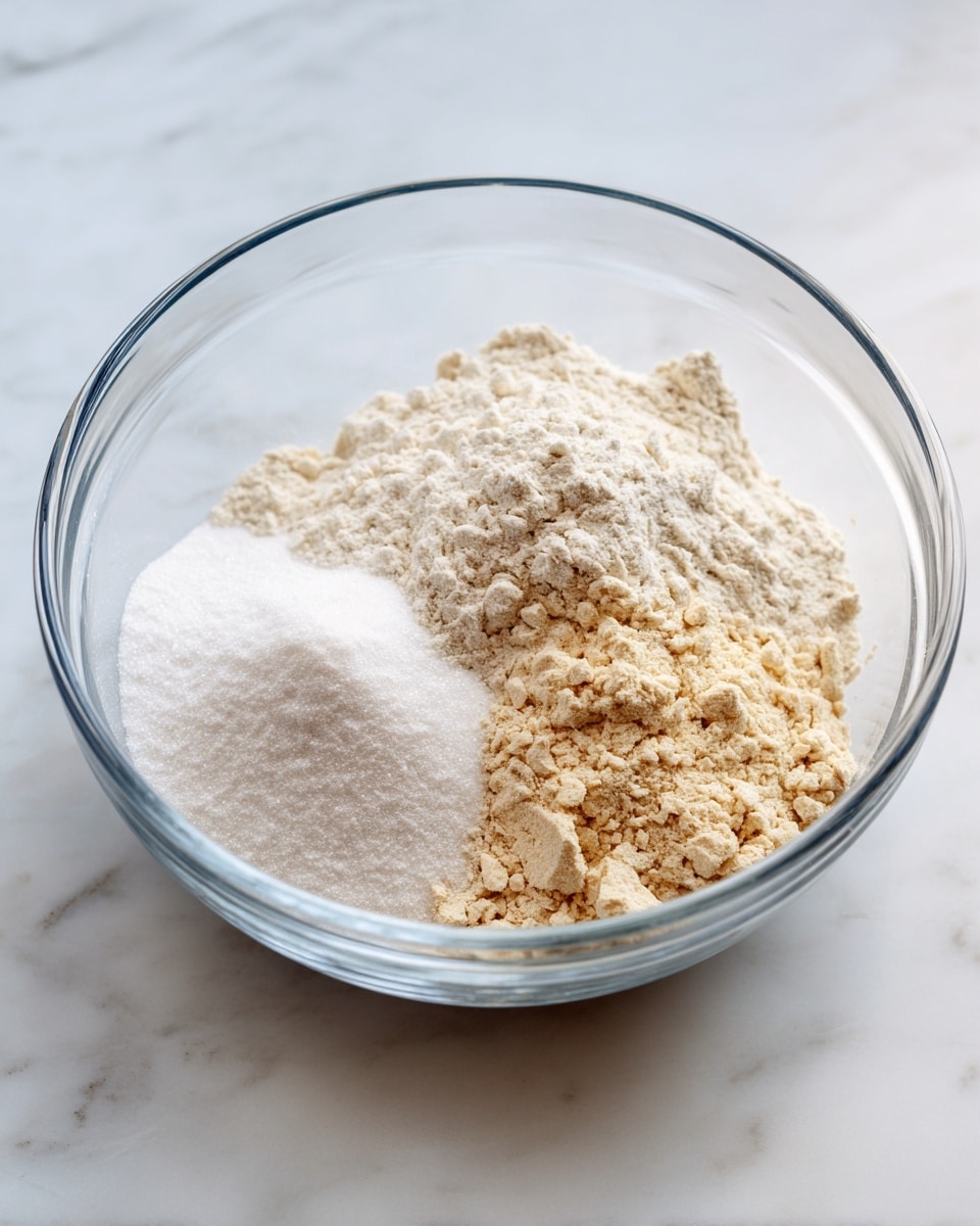 A clear glass bowl containing three separate piles of dry ingredients on a white marbled surface. One pile is fine and white, resembling sugar, positioned near the middle. Another pile is off-white and finely textured, likely flour, located at the back right side. The last pile is a pale beige, denser and crumbly in texture, sitting in the front area of the bowl. The bowl is slightly angled toward the camera, showing the layering of these dry powders. photo taken with an iphone --ar 4:5 --v 7