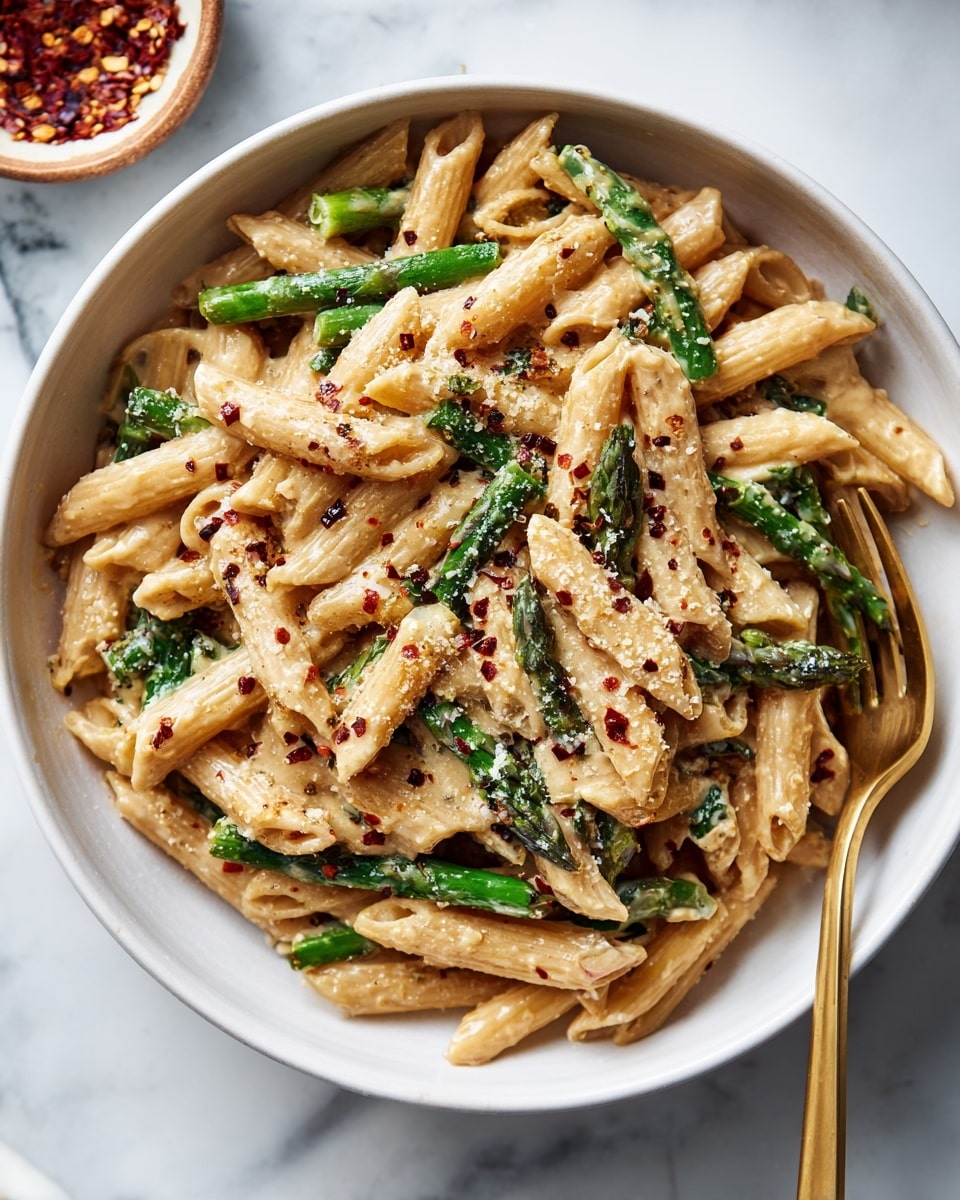 A bowl of creamy pasta with penne pasta on the bottom layer, showing a pale yellow color and smooth texture. Mixed evenly with bright green asparagus pieces, some of them visible poking through the pasta. The top layer is creamy sauce with a light beige tone, sprinkled with red chili flakes and white grated cheese. A spoon is placed inside the bowl. The bowl is white and sits on a white marbled surface. Photo taken with an iphone --ar 4:5 --v 7