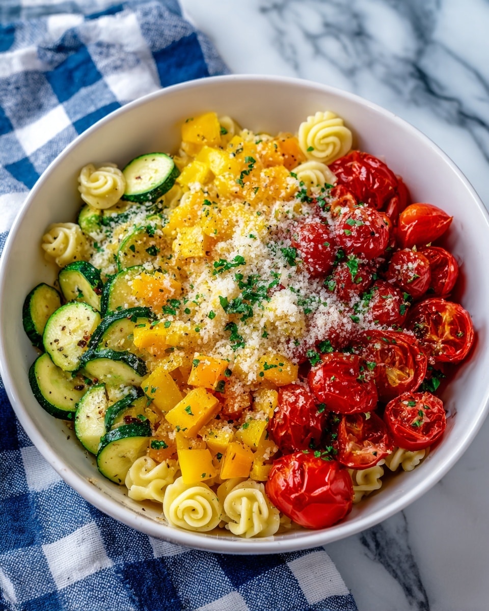 The dish shows a white bowl filled with three main layers: the bottom layer has sliced green zucchini pieces with a fresh texture, the middle layer has bright yellow and orange bell pepper chunks, and the top layer is scattered with halved red cherry tomatoes and small pasta shaped like rose flowers in creamy yellow color. The dish is sprinkled lightly with grated cheese and chopped green herbs, all placed on a white marbled surface with a blue and white checkered cloth beside the bowl. photo taken with an iphone --ar 4:5 --v 7