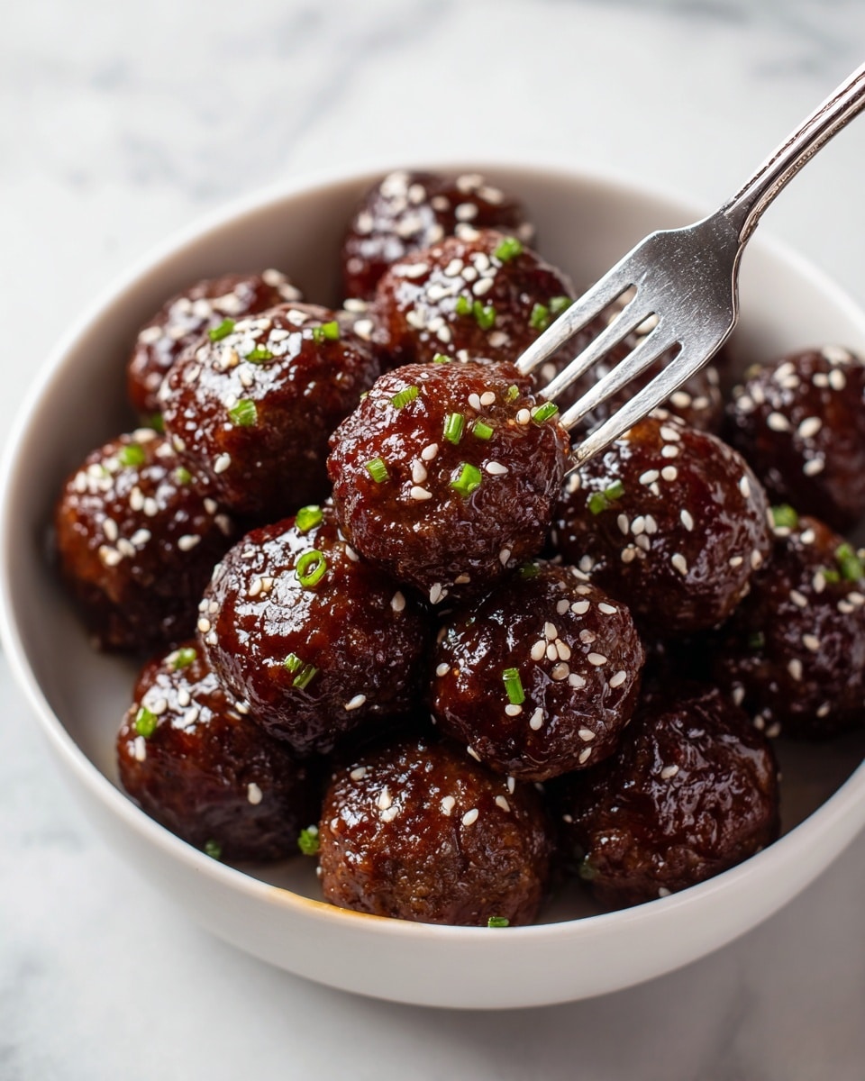 A white bowl filled with shiny glazed meatballs that are deep brown in color, each sprinkled with white sesame seeds and small green chive pieces. The meatballs are closely packed in the bowl, with one meatball held by a silver fork near the front. The background is a white marbled surface. photo taken with an iphone --ar 4:5 --v 7