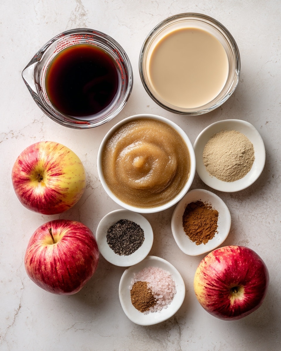 The image shows a flat lay of ingredients arranged neatly on a white marbled surface. At the top left is a clear glass measuring cup filled with dark brown liquid, and beside it on the right is another glass measuring cup with a light beige liquid. Below them in the center is a white bowl with smooth, light brown applesauce. Flanking the applesauce bowl are two whole red apples with yellow touches. At the bottom of the image is a white bowl containing six different spices and seasonings in small separate piles, including black, brown, and light tan powders, as well as pink salt. The items form a rough triangle shape, and lighting highlights their natural colors and textures. Photo taken with an iphone --ar 4:5 --v 7