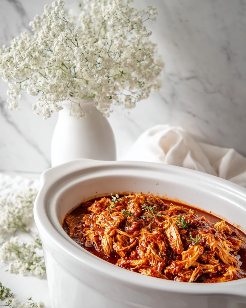 A white oval slow cooker filled with a single layer of shredded cooked chicken coated in a thick, glossy reddish-brown sauce with small bits of herbs mixed in, sitting on a white marbled surface; in the background, there's a white vase holding delicate clusters of small white flowers. photo taken with an iphone --ar 4:5 --v 7